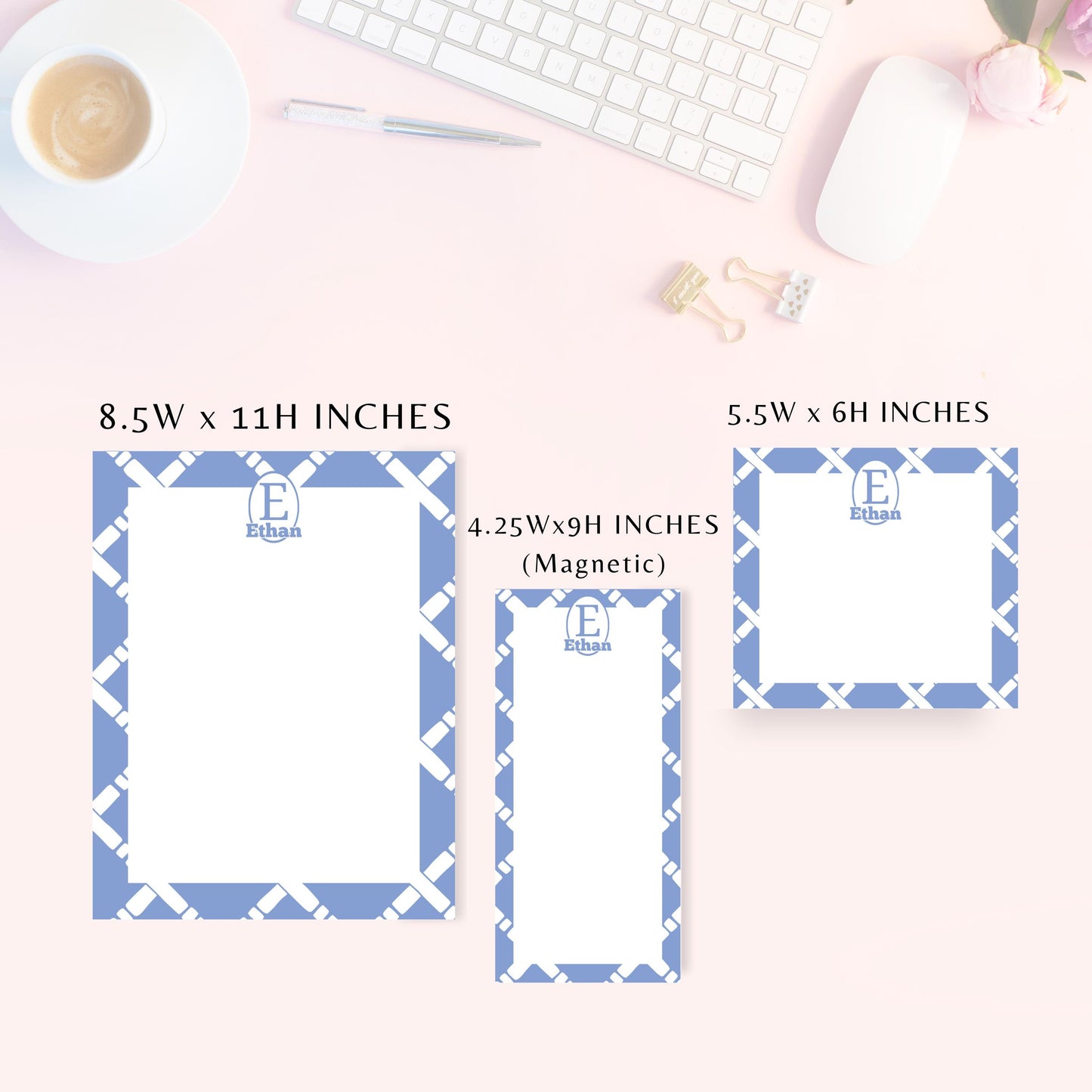 Personalized Notepad, Preppy Blue Lattice