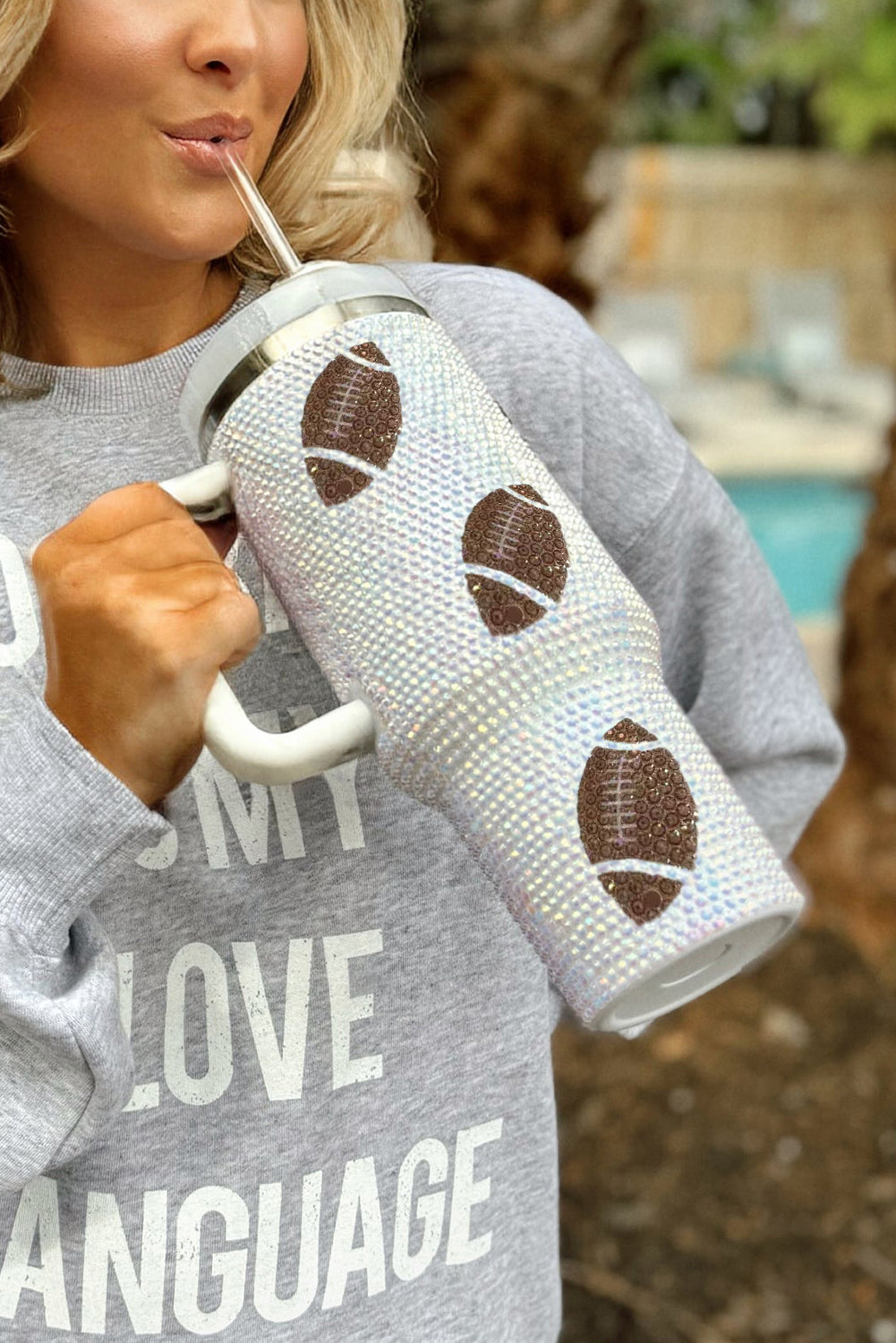 White Game Day Crystal Sequins Football 40oz Tumbler