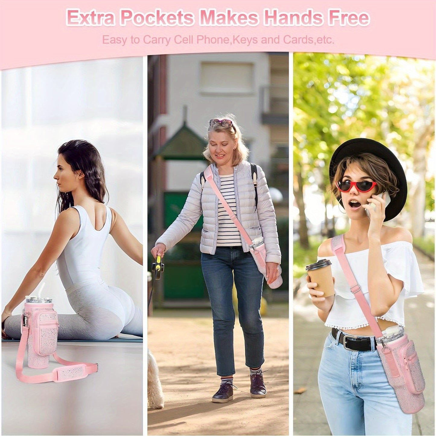Neoprene Water Bottle Carrier with Card Holder, Adjustable Strap, Key Hook for Stanley 40/30 oz Tumbler - Sparkling Diamond Design Bottle Pouch with Phone Pocket - Versatile Drink Holder Accessory