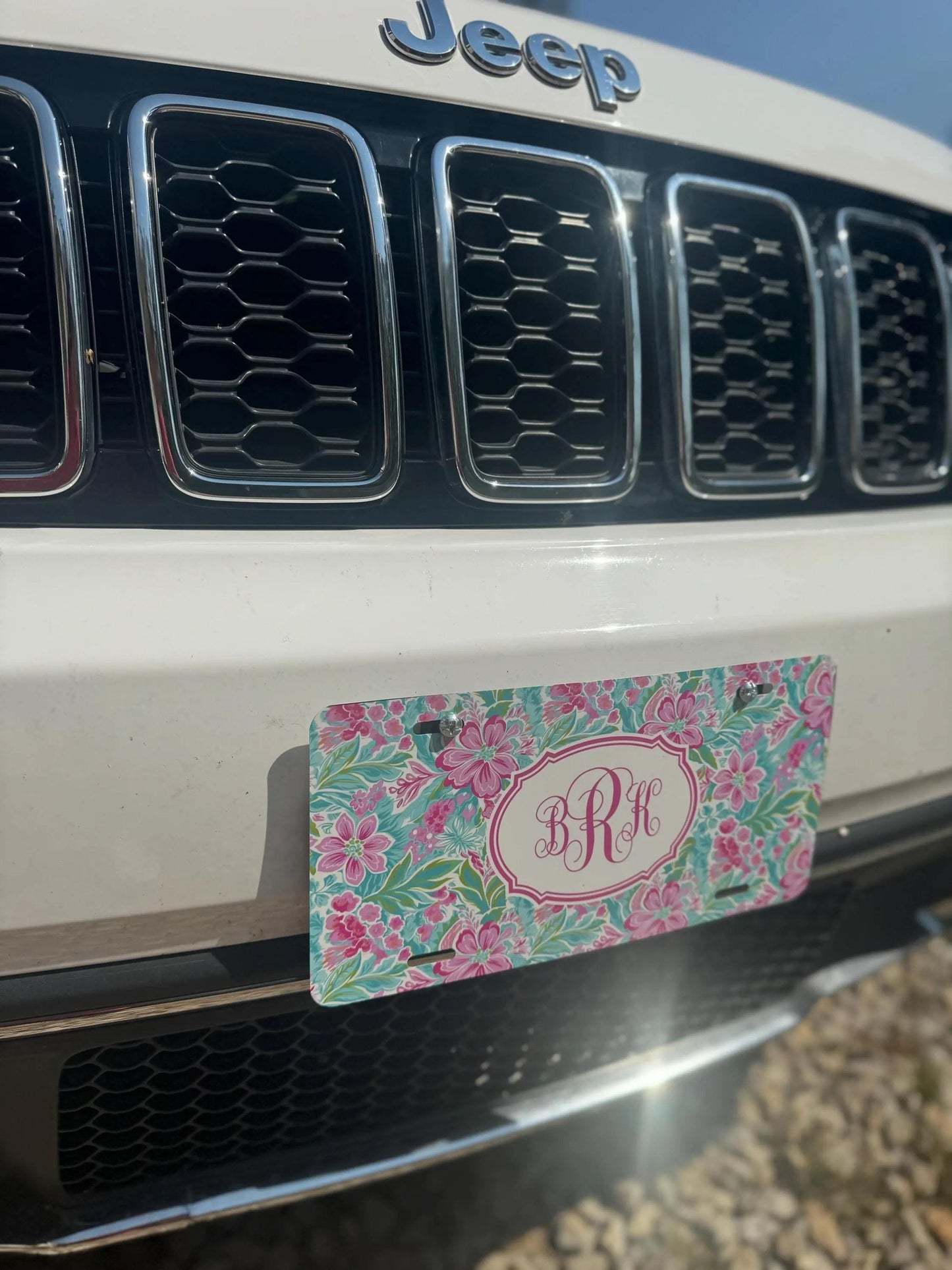 Personalized Car Tag, Tropical Pink and Green Monogram