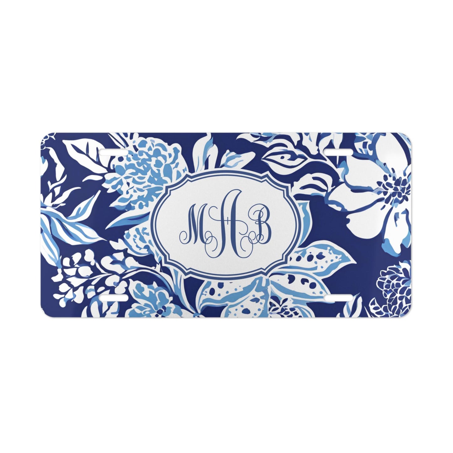 Personalized Car Tag, Coastal Blue and White Floral Monogram