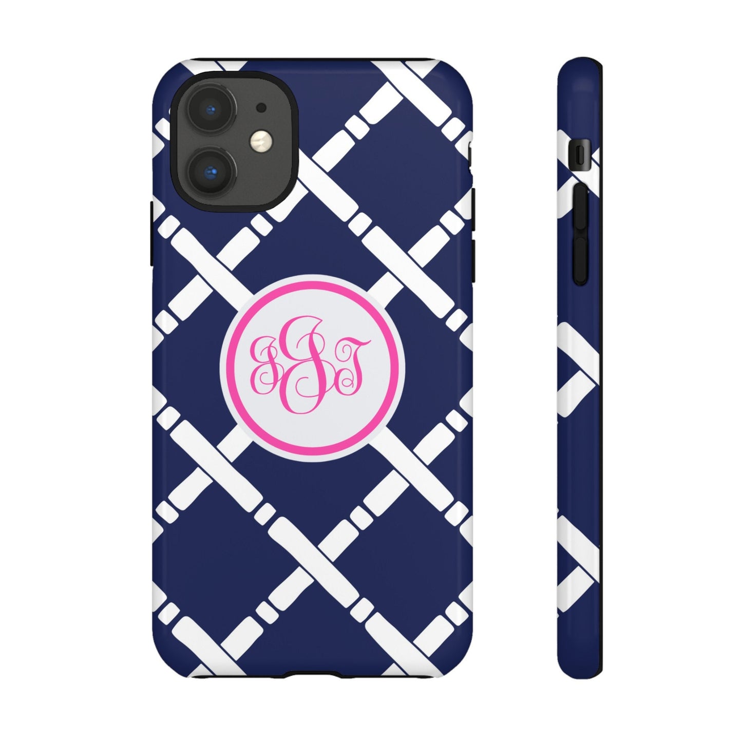 Custom Phone Case, Navy and White Lattice Monogram