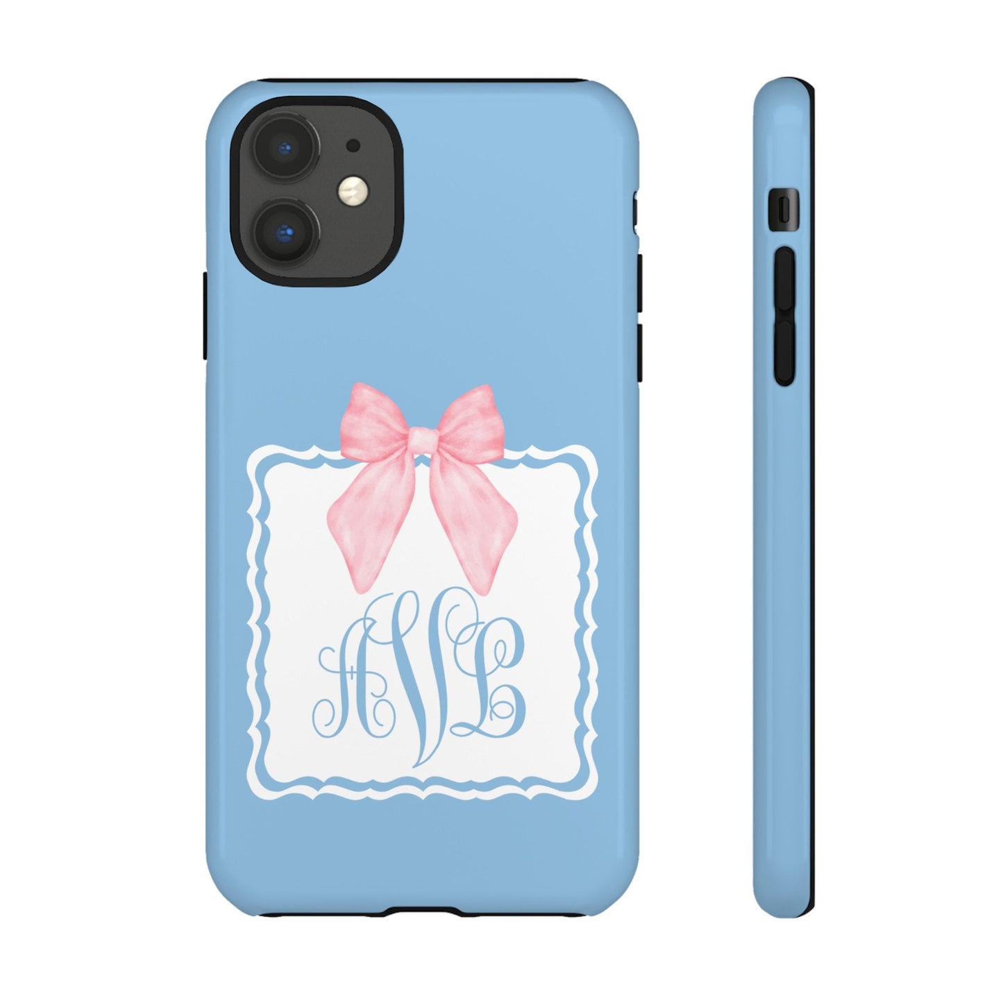 Custom Phone Case, Baby Blue with Pink Bow Monogram