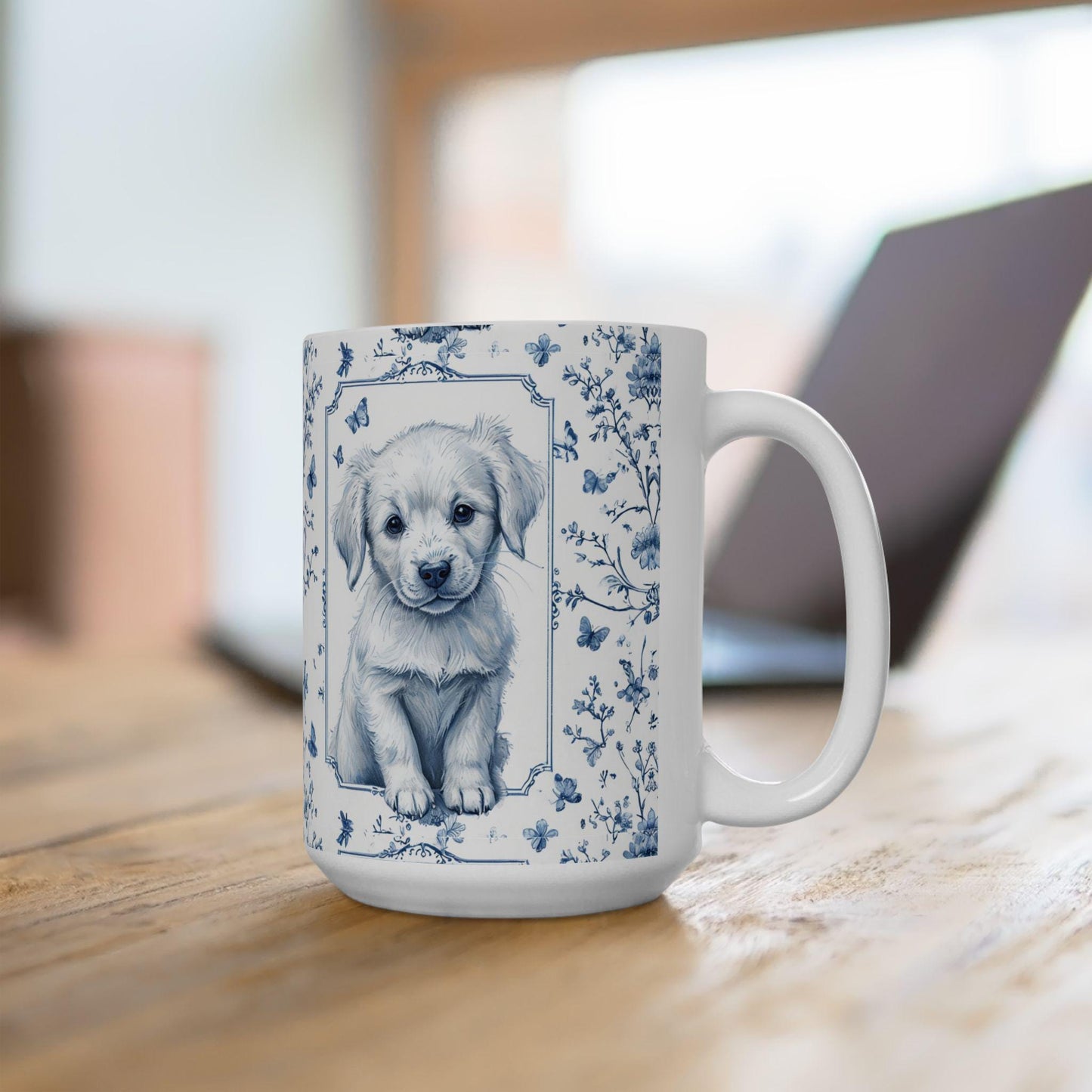Coffee Mug, Blue Floral Puppy