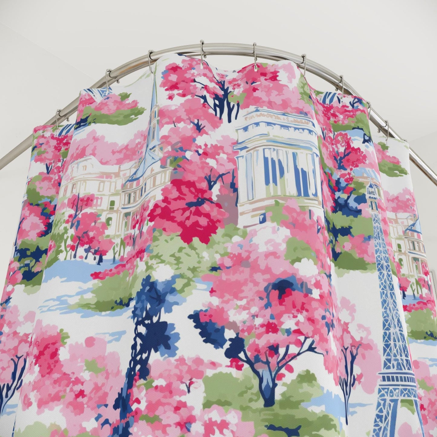 Custom Shower Curtain, Pink Florals Eiffel Tower