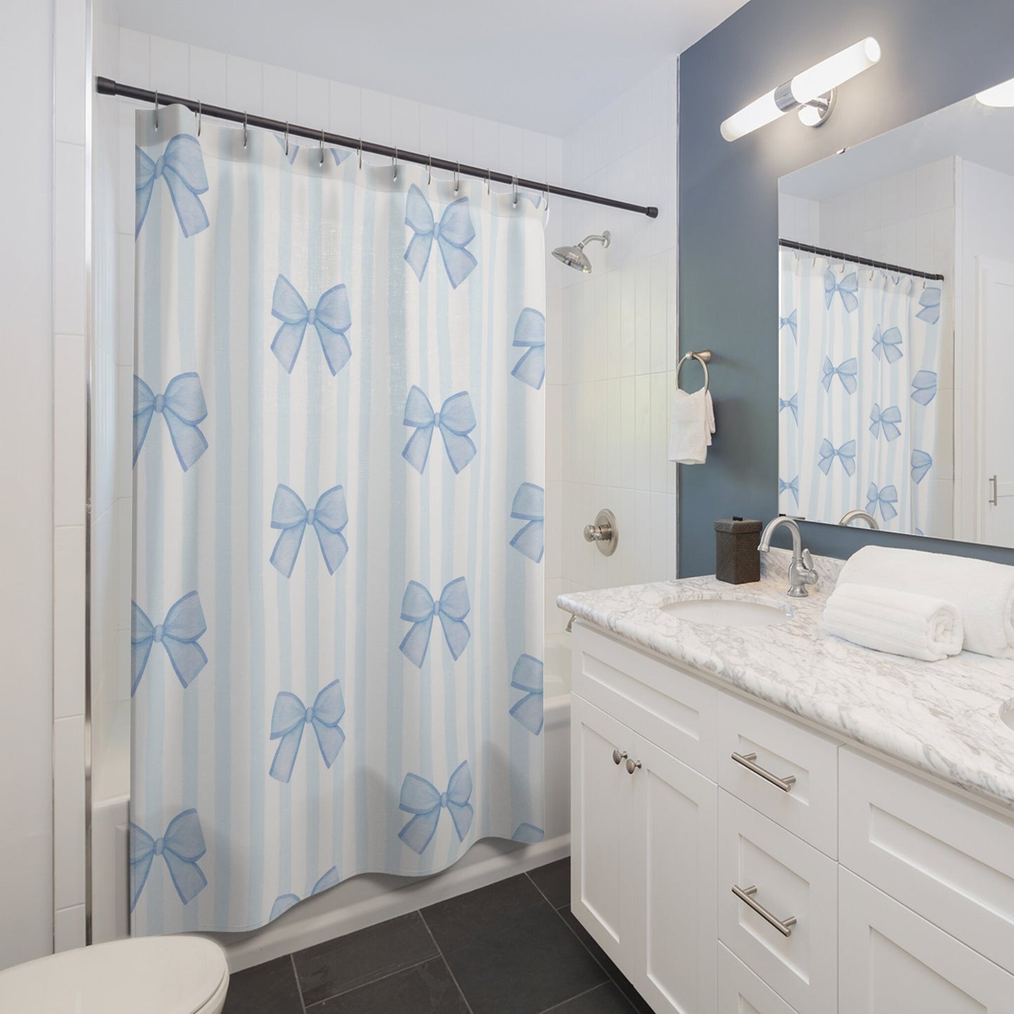 Custom Shower Curtain, Blue Bows
