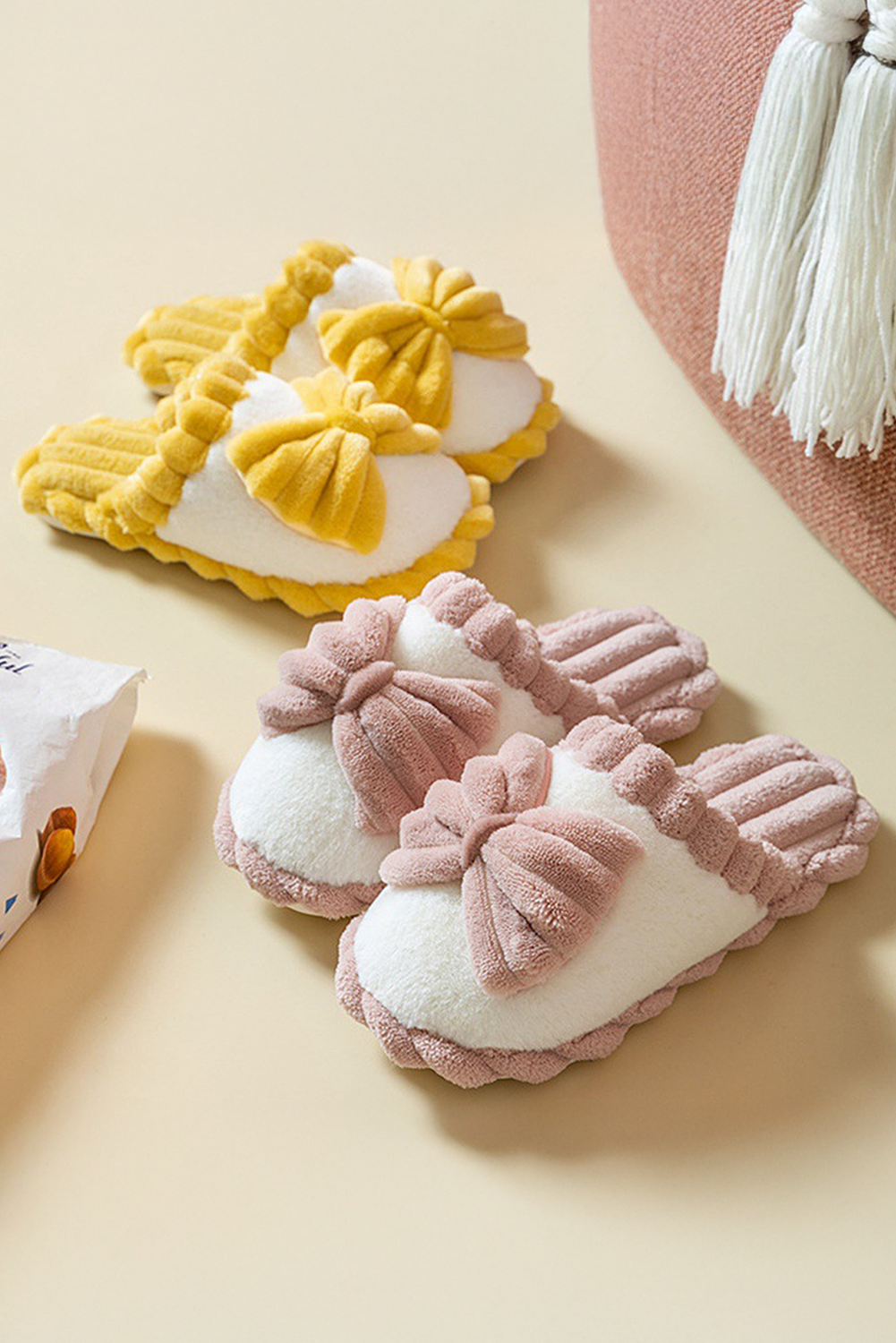 Pink Bow Plush Slippers