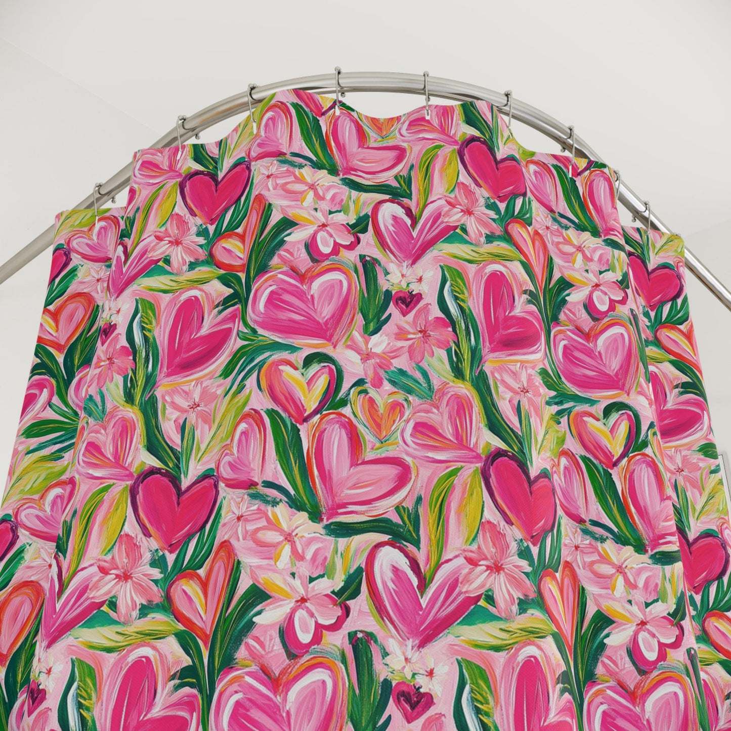 Custom Shower Curtain, Pink Floral and Hearts