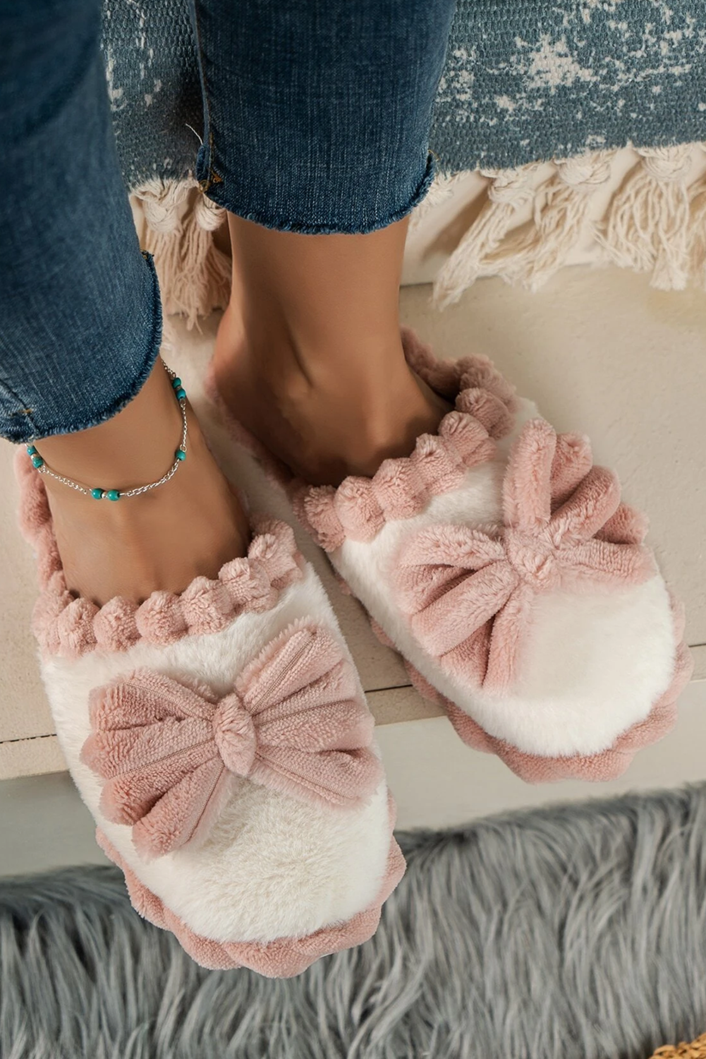 Pink Bow Plush Slippers