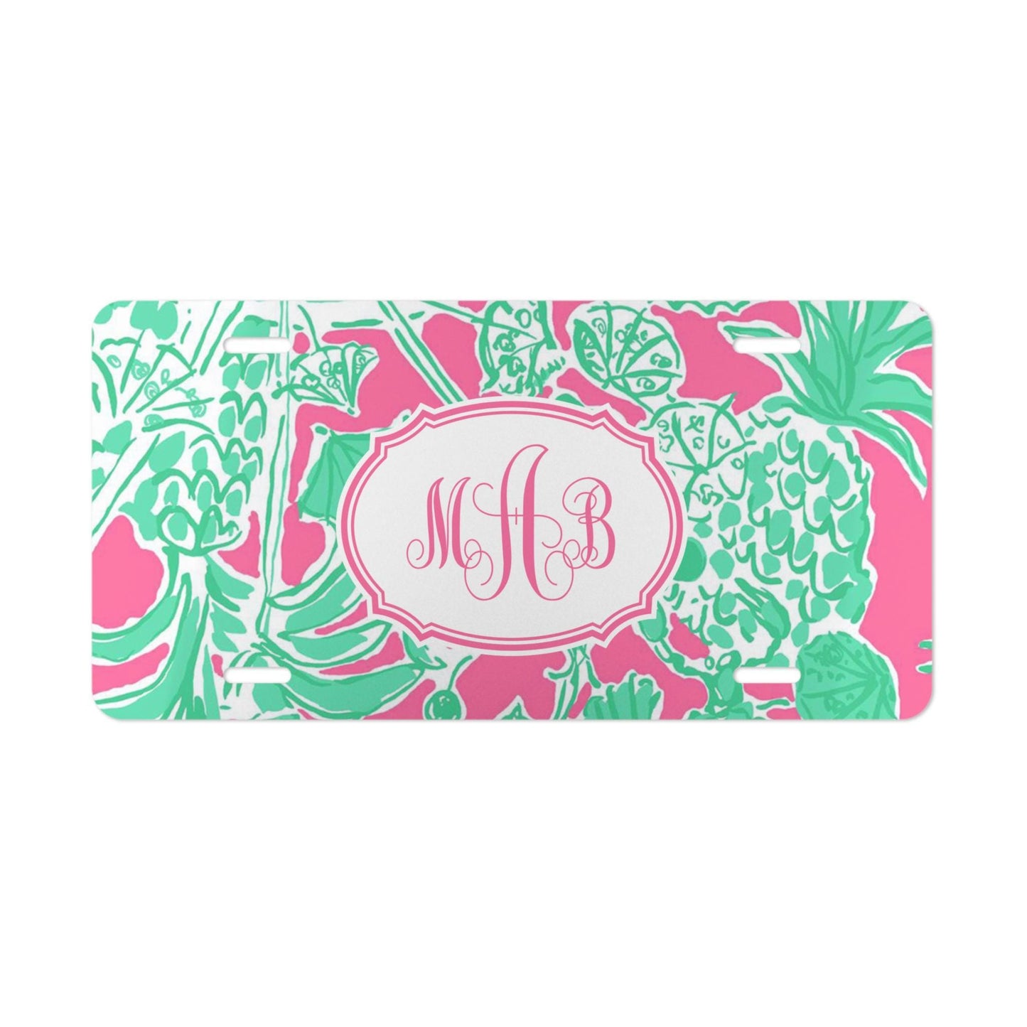 Personalized Car Tag, Tropical Pink and Green Monogram