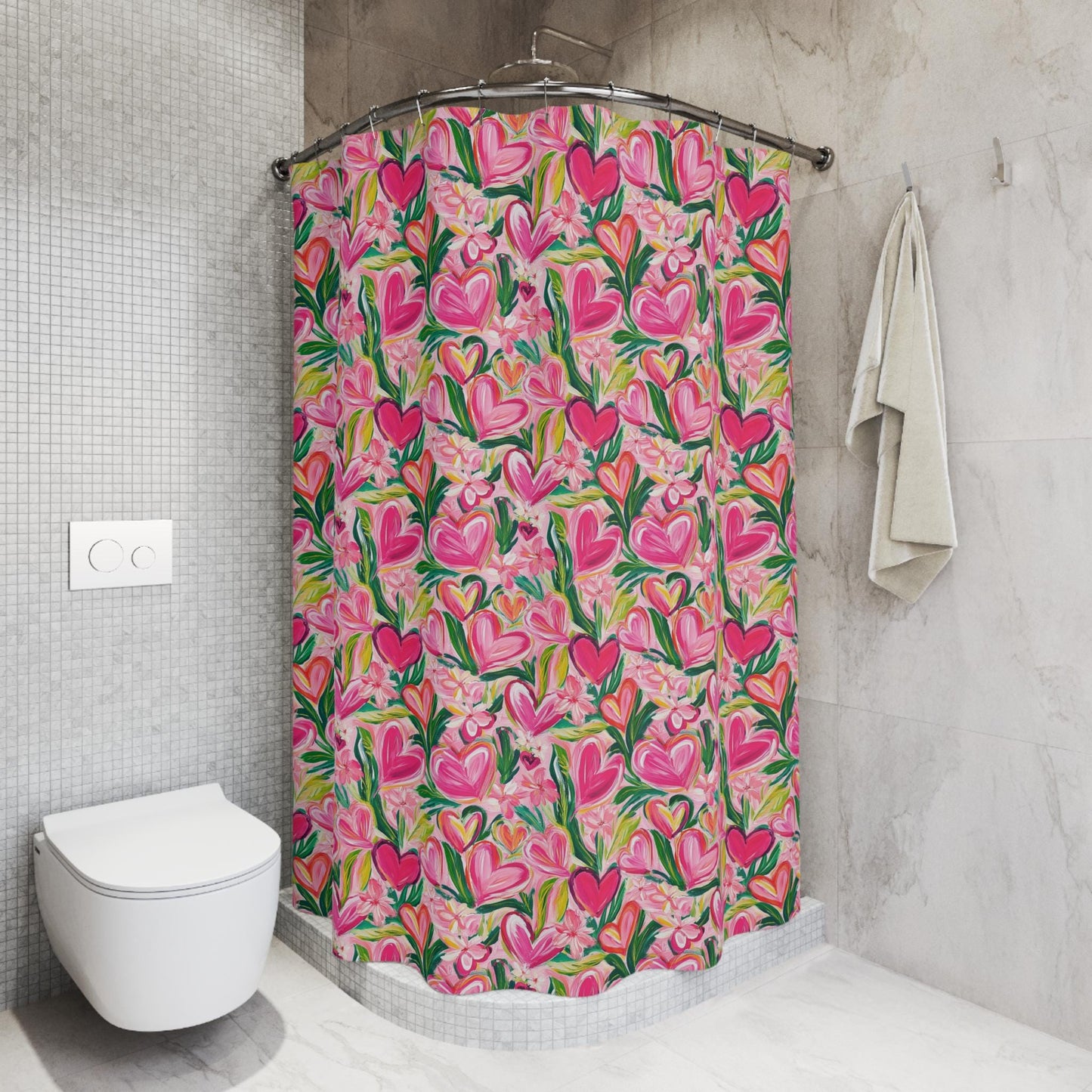 Custom Shower Curtain, Pink Floral and Hearts