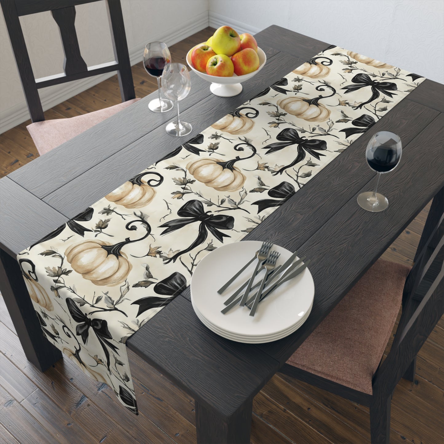 Table Runner, Pumpkins and Black Bows