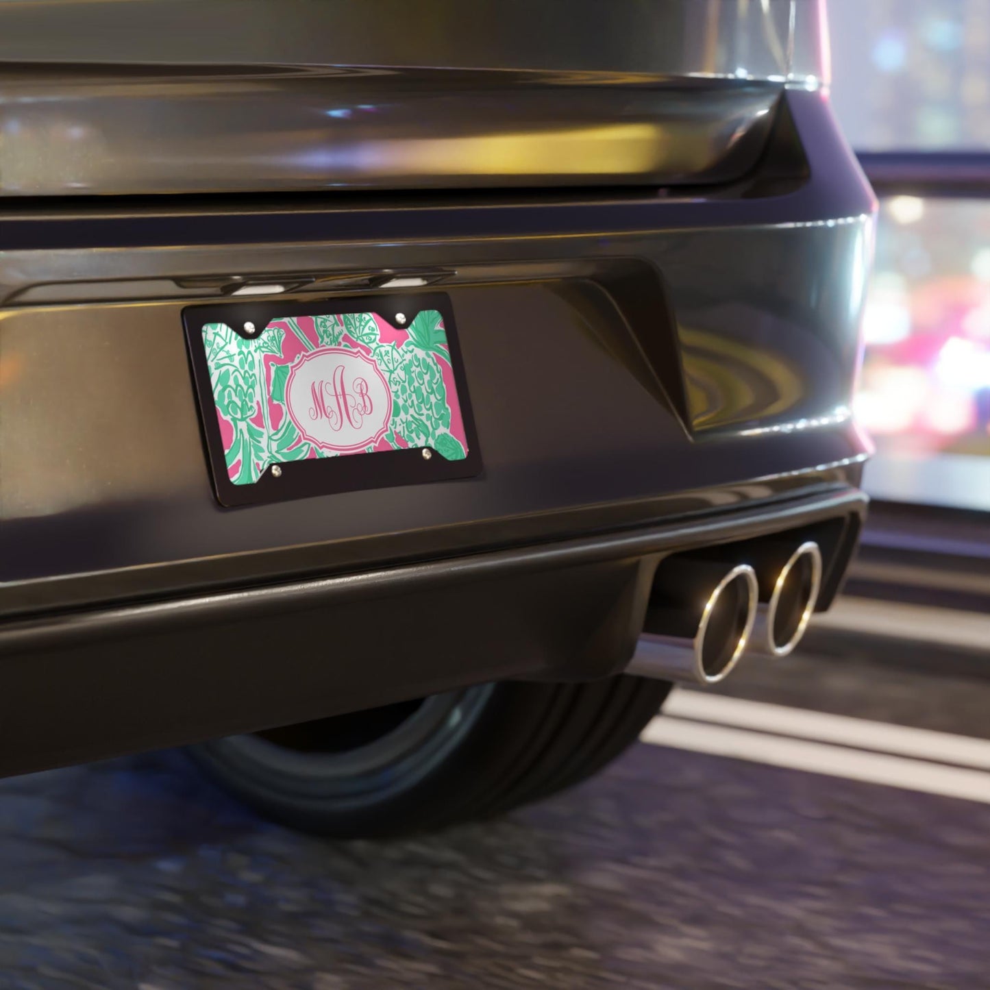 Personalized Car Tag, Tropical Pink and Green Monogram