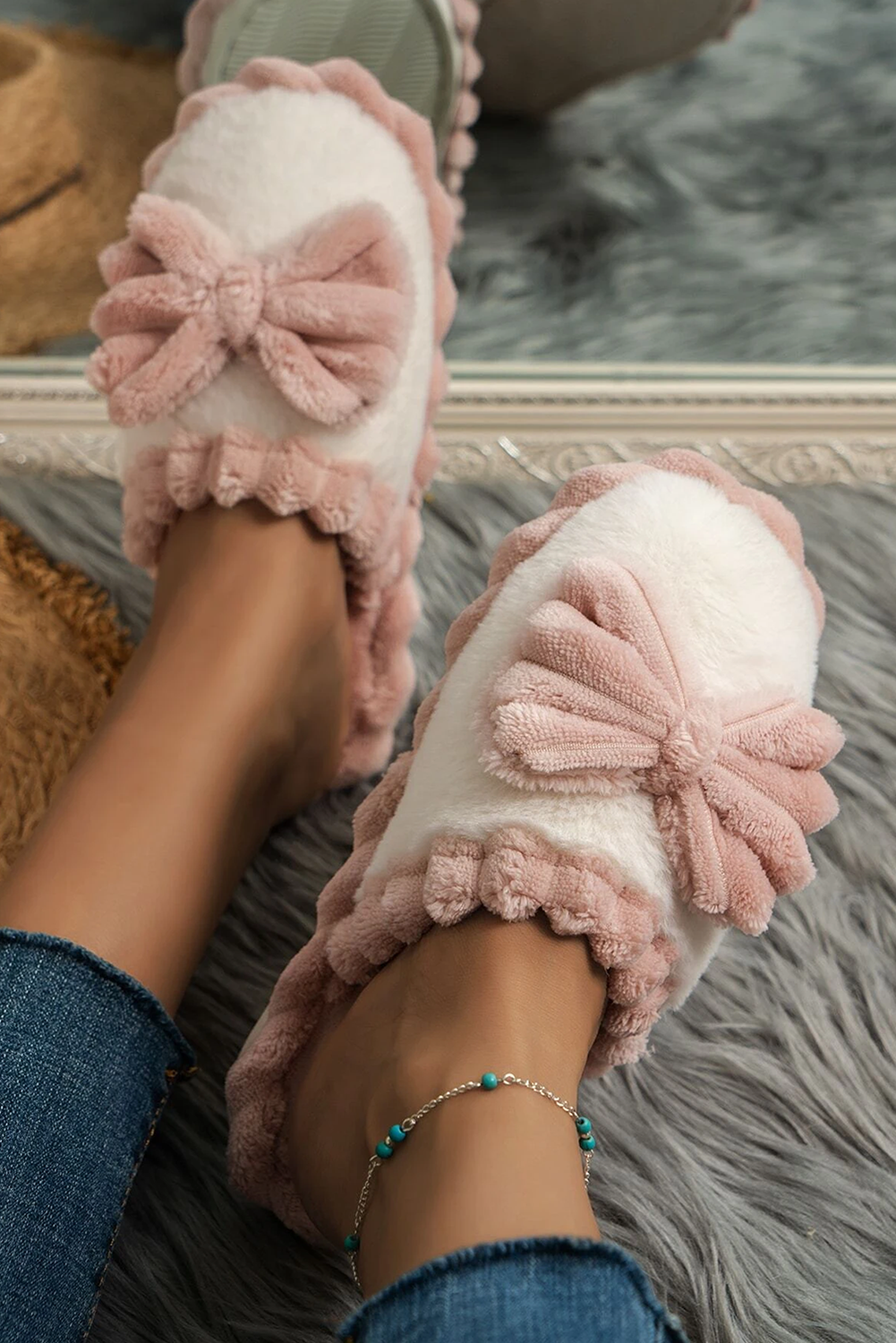 Pink Bow Plush Slippers