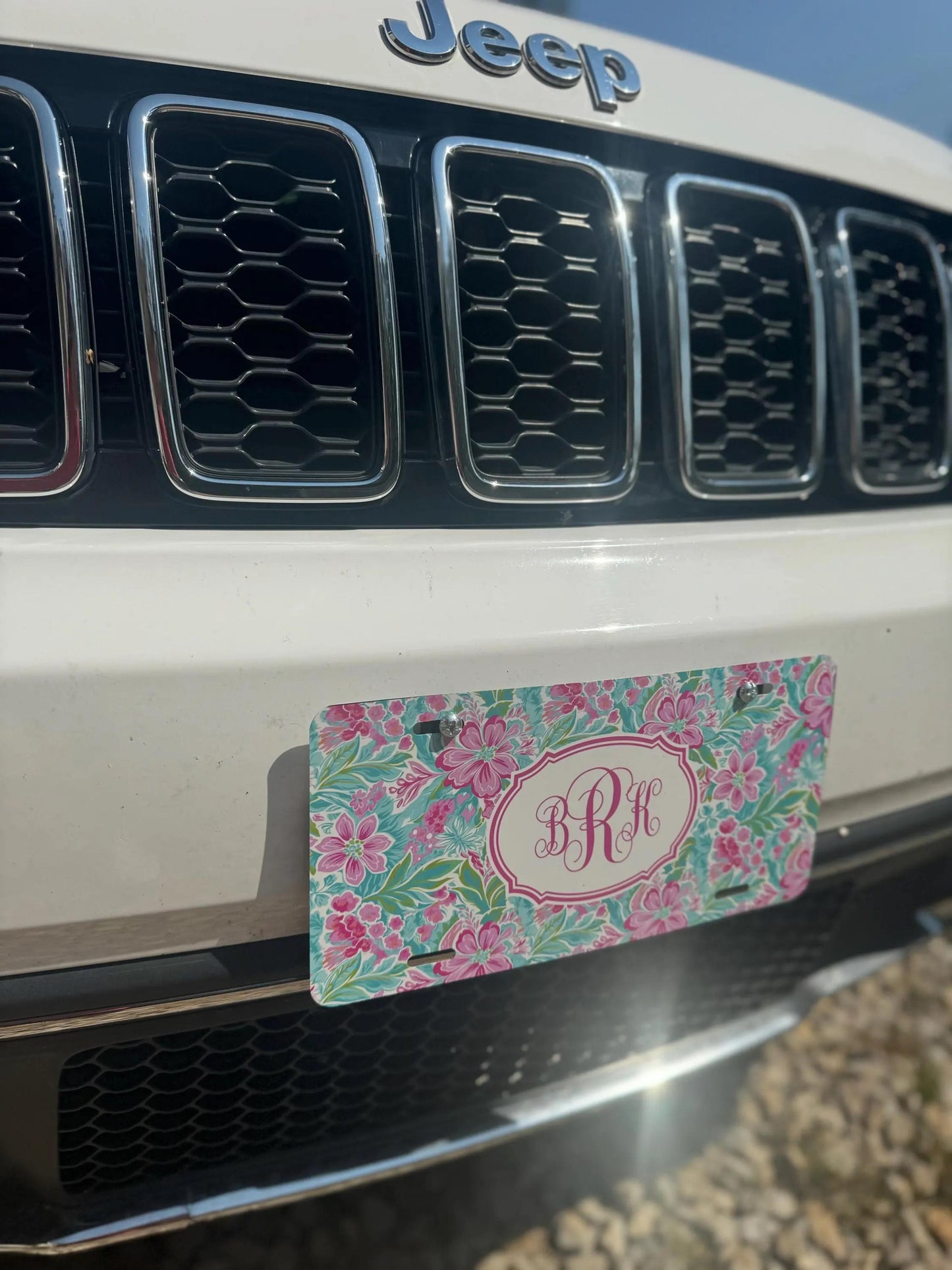 Personalized Car Tag, Coastal Blue and White Floral Monogram