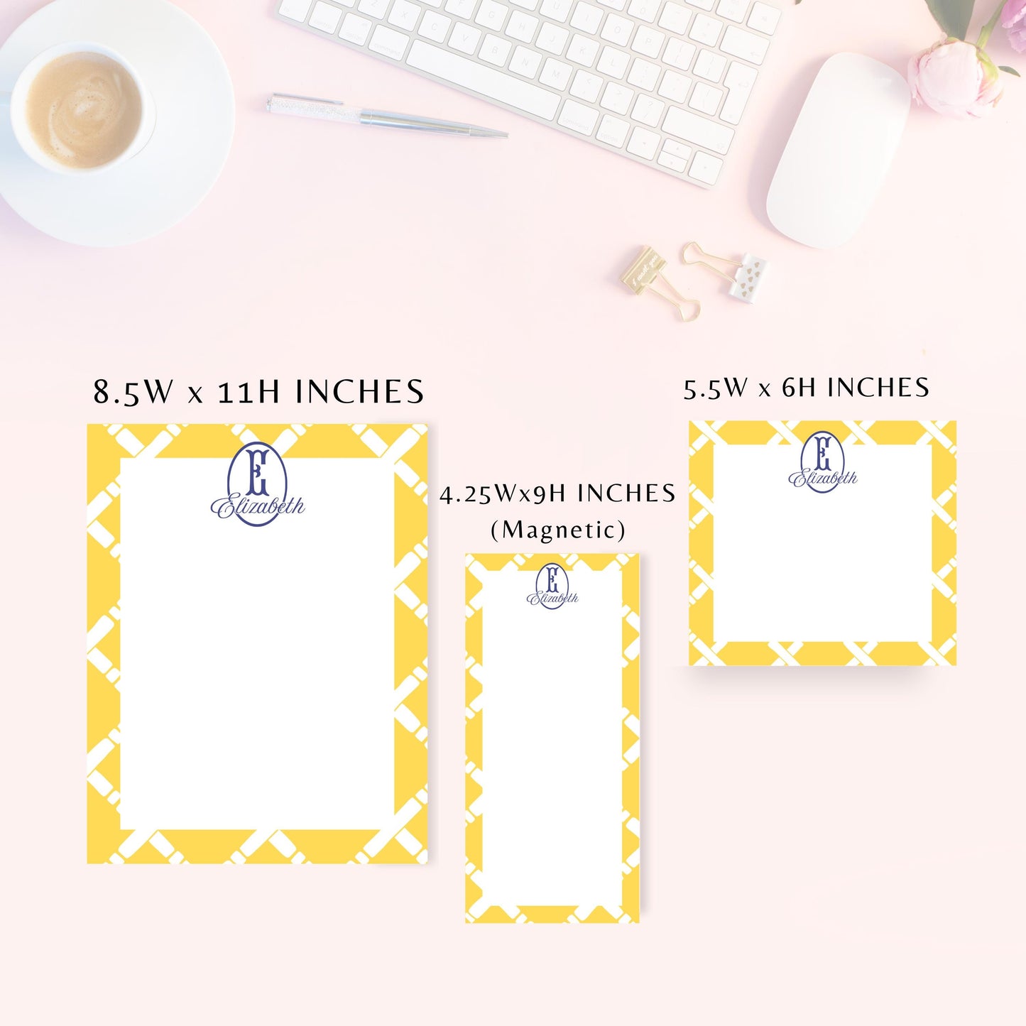 Personalized Notepad, Preppy Yellow Lattice