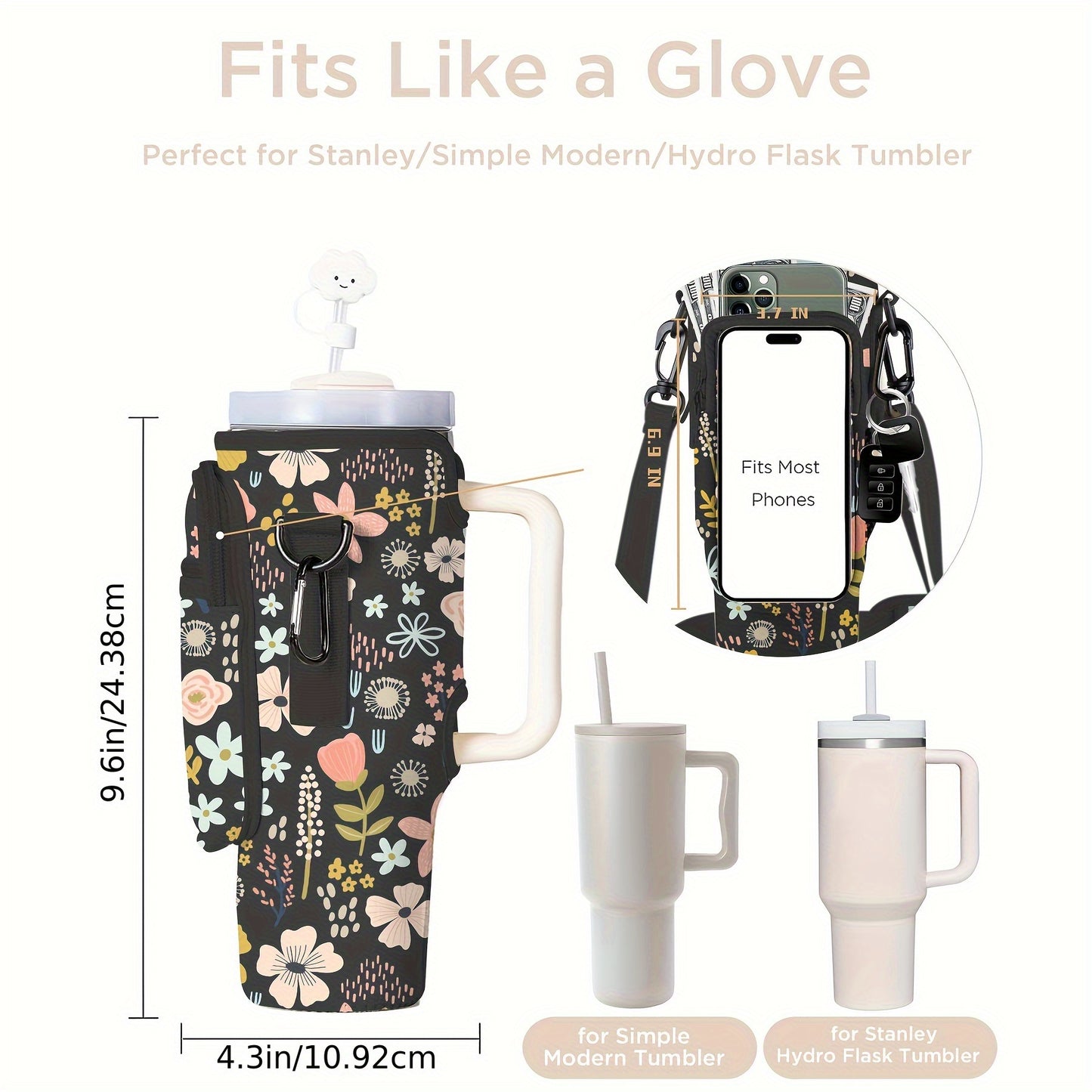 Stylish Floral Tumbler Carrier with Phone Pocket - Secure Shockproof Sleeve for 40oz Stanley, Simple Modern & Hydro Flask - Adjustable Strap & Straw Holder