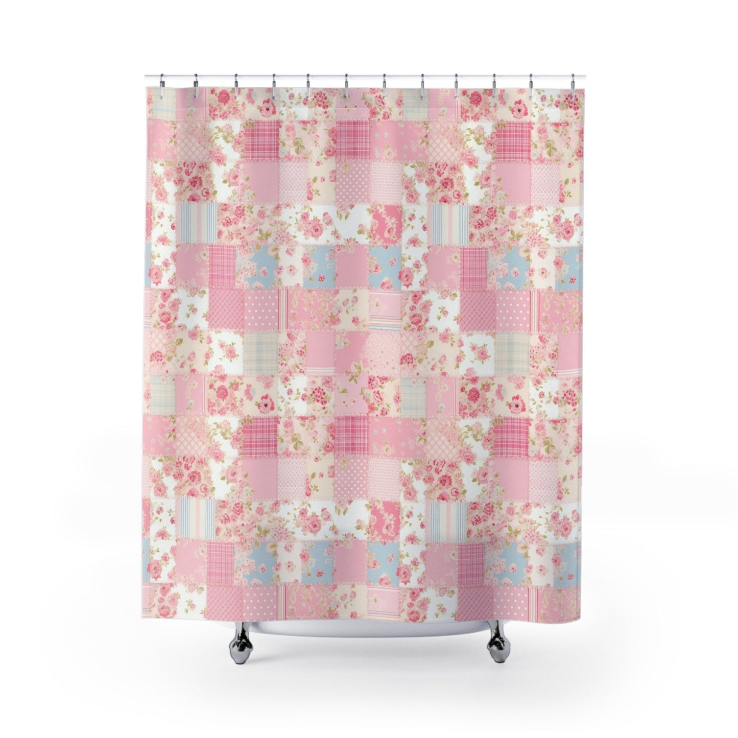 Custom Shower Curtain, Pink Patchwork Printed Quilt