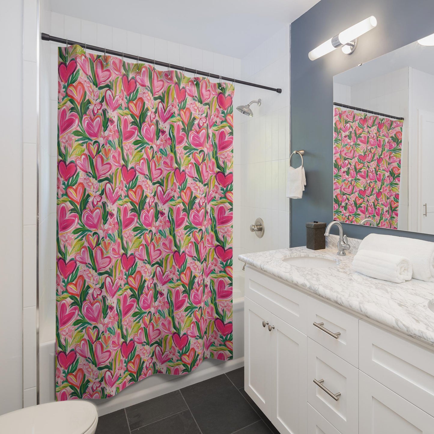 Custom Shower Curtain, Pink Floral and Hearts