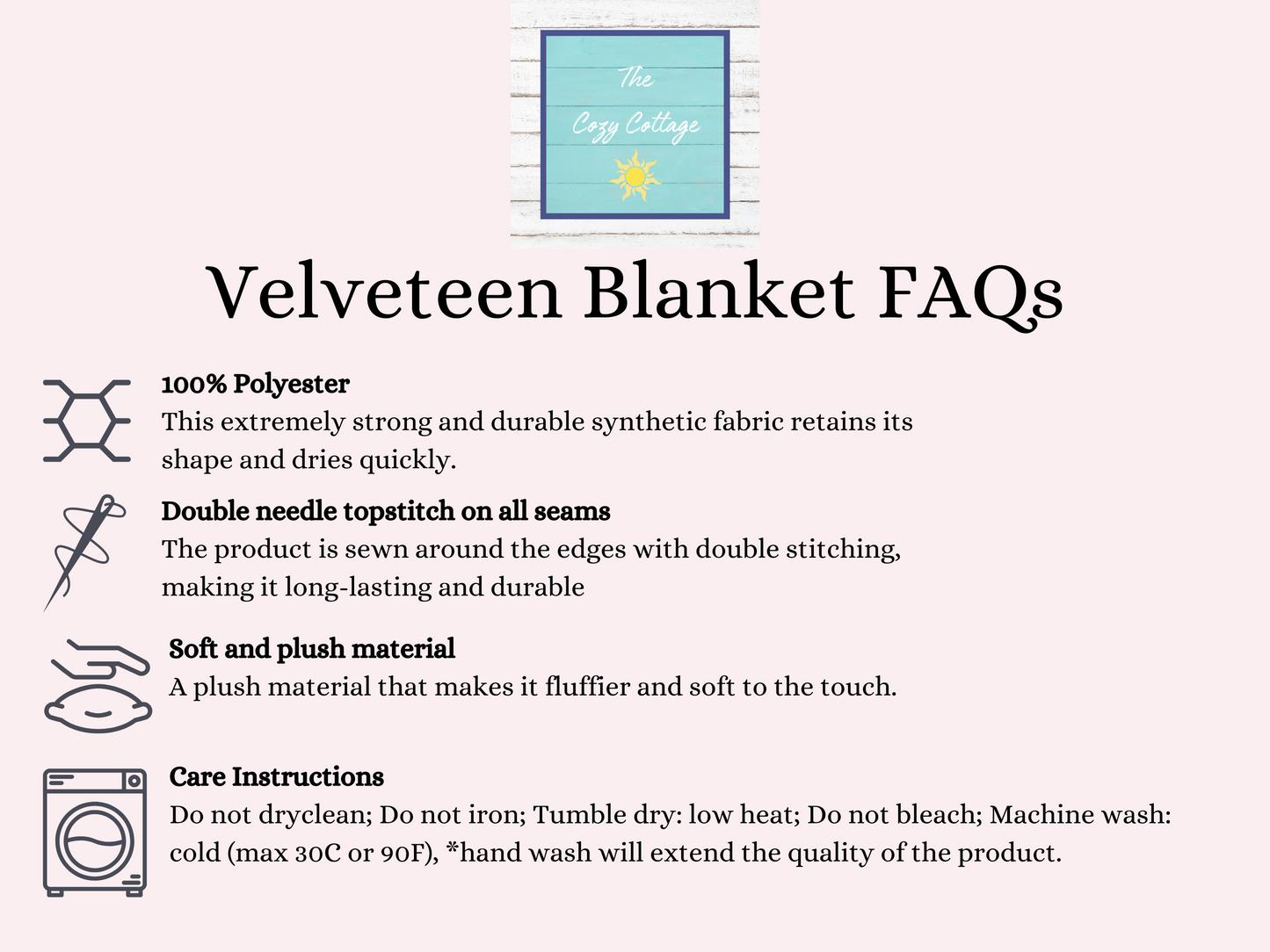 a collection of text and graphics related to a velvet blanket, providing information about the product's features and care instructions.