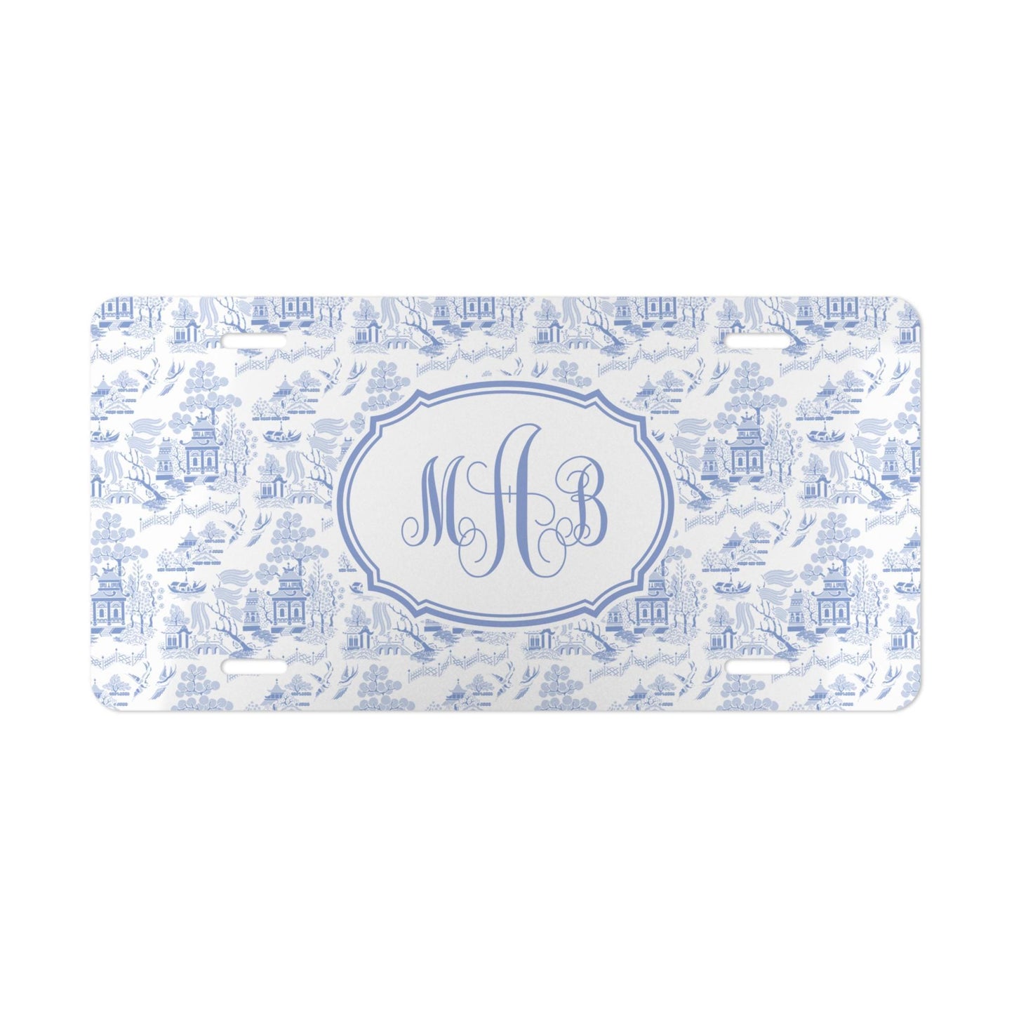 Personalized Car Tag, Blue French Toile Monogram