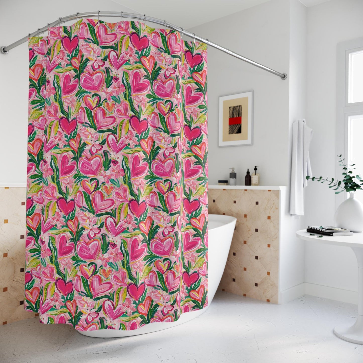 Custom Shower Curtain, Pink Floral and Hearts
