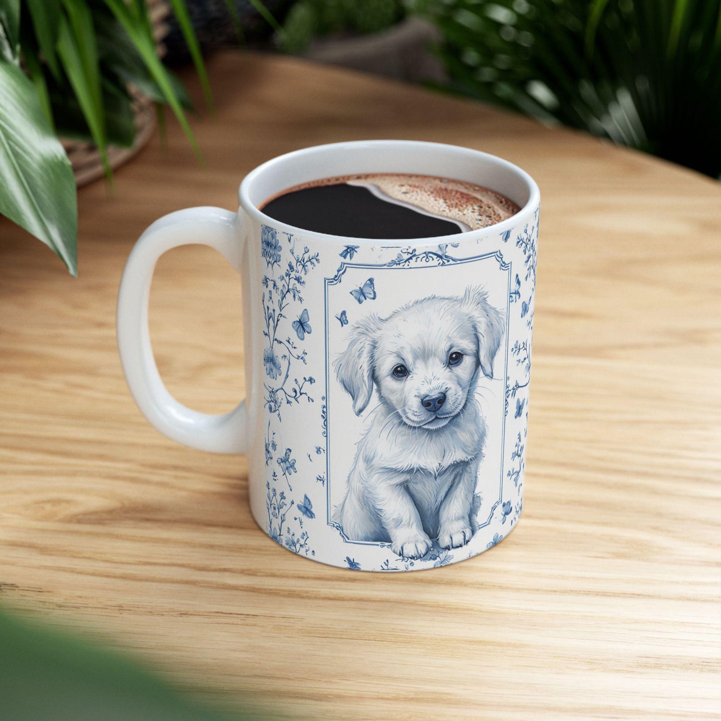 Coffee Mug, Blue Floral Puppy