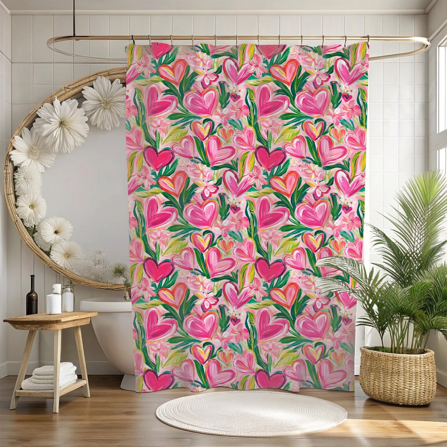 Custom Shower Curtain, Pink Floral and Hearts