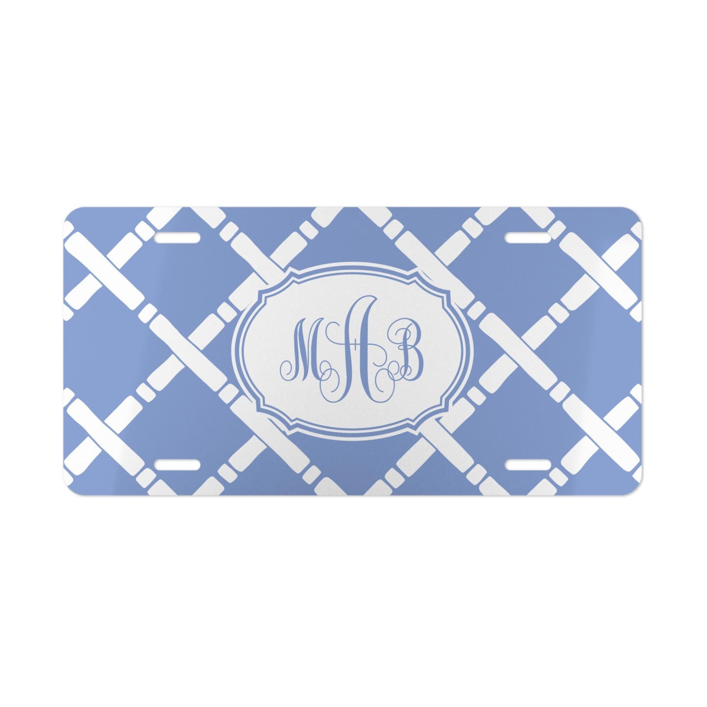 Personalized Car Tag, Blue and White Lattice