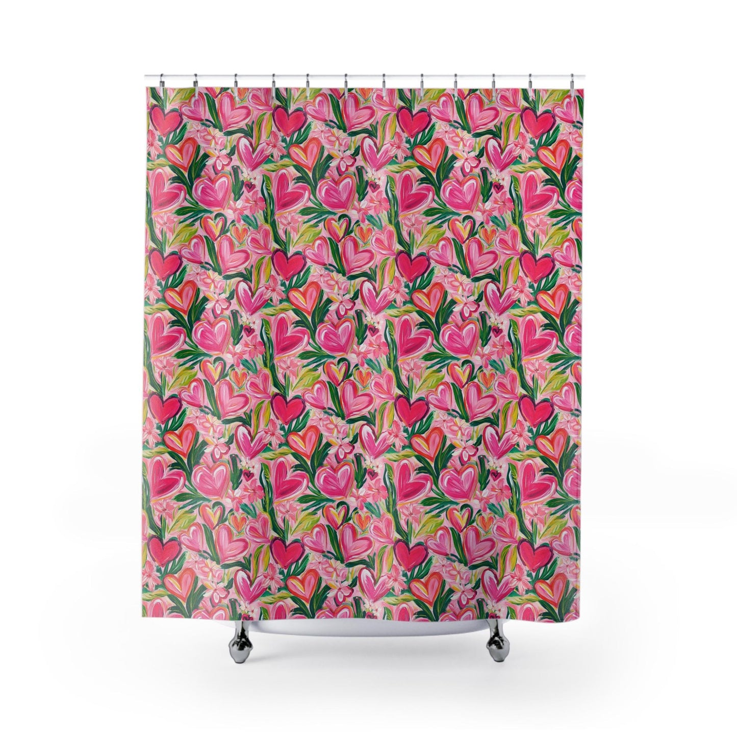 Custom Shower Curtain, Pink Floral and Hearts