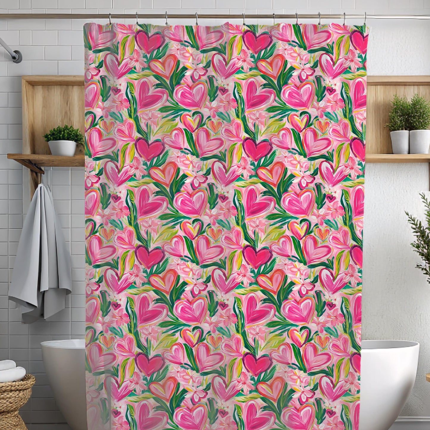 Custom Shower Curtain, Pink Floral and Hearts