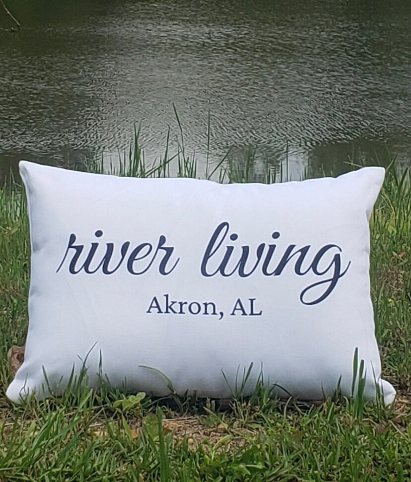 Custom Throw Pillow, River Living and City Name