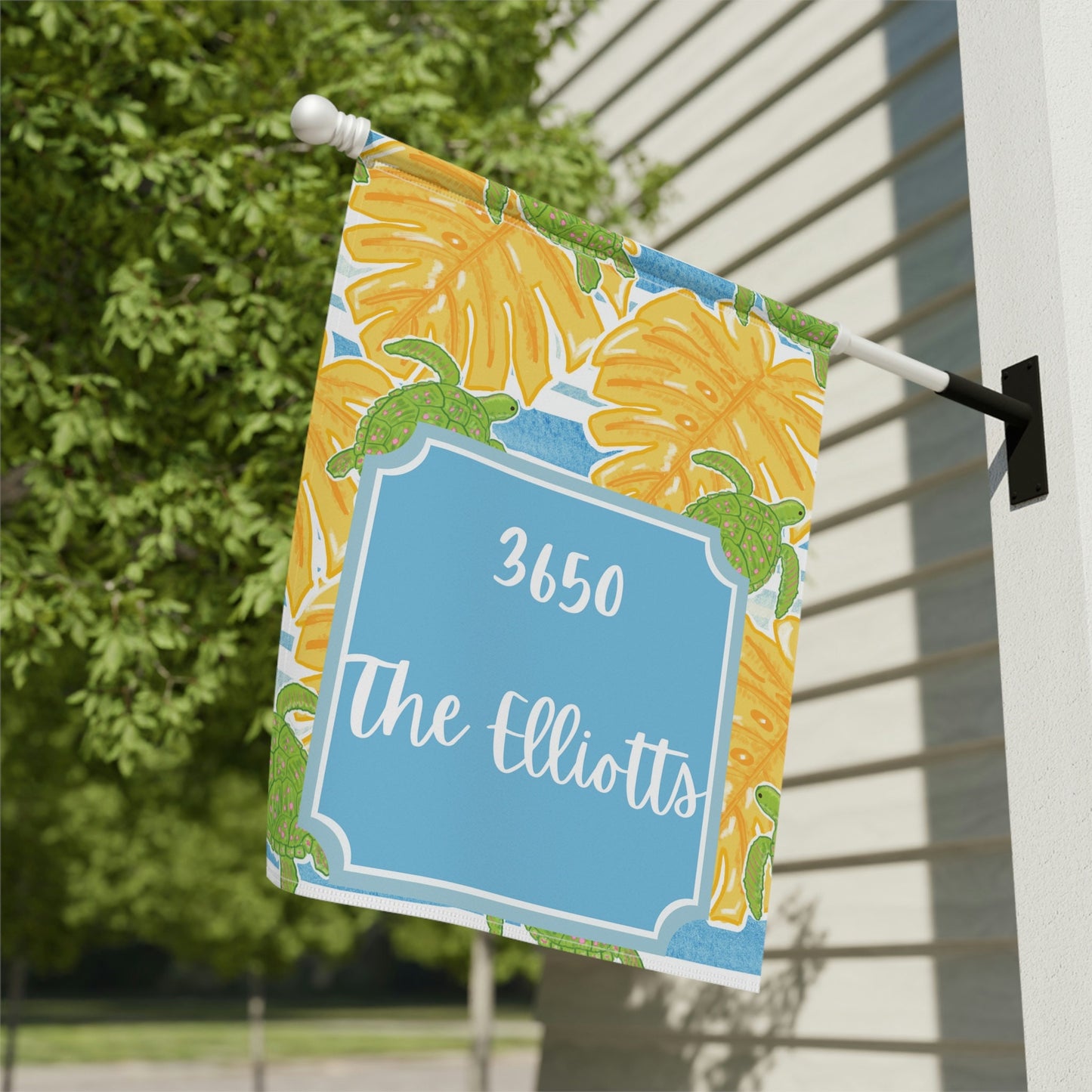 Personalized Welcome Blue Stripe Hibiscus and Sea Turtles Flags | Address and Name Flag | Personalized Name Flag | Summer Outdoor Garden