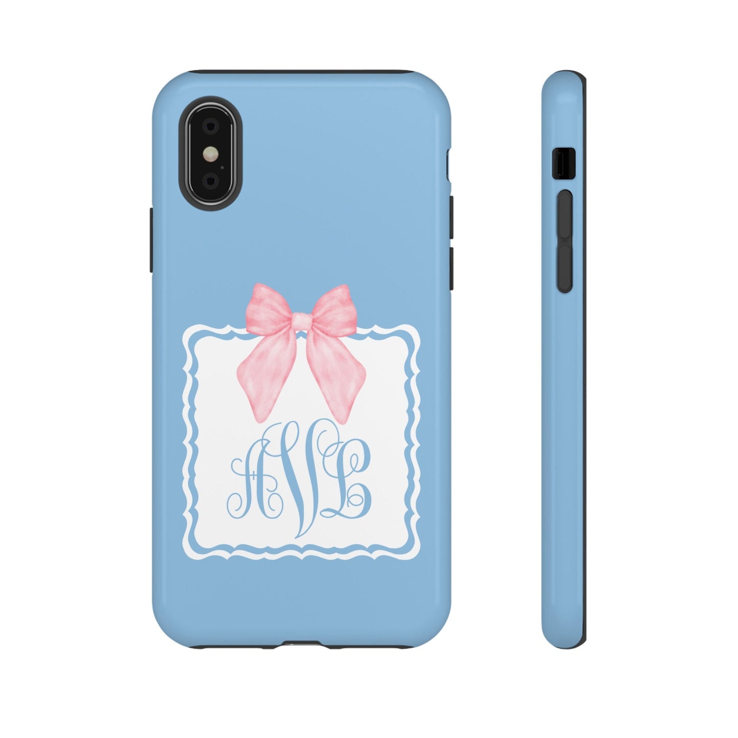 Custom Phone Case, Baby Blue with Pink Bow Monogram