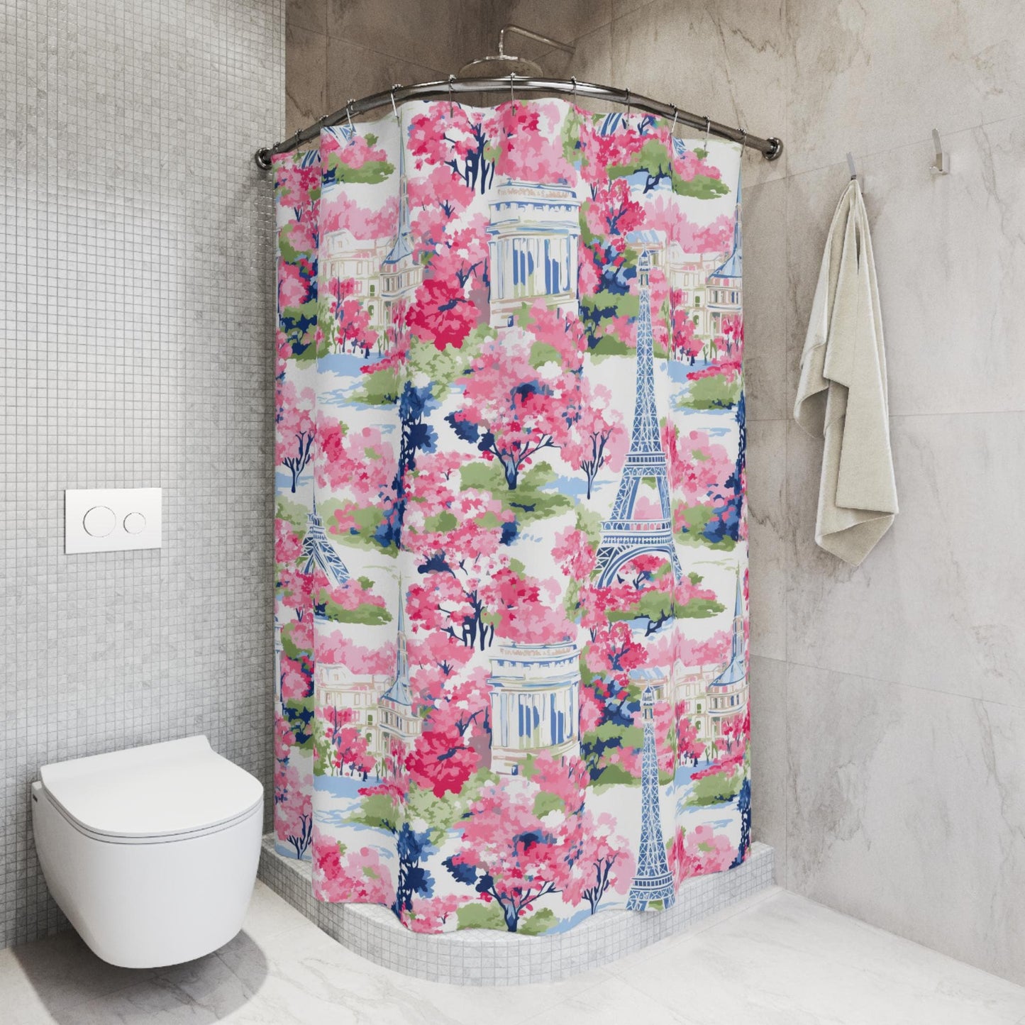 Custom Shower Curtain, Pink Florals Eiffel Tower