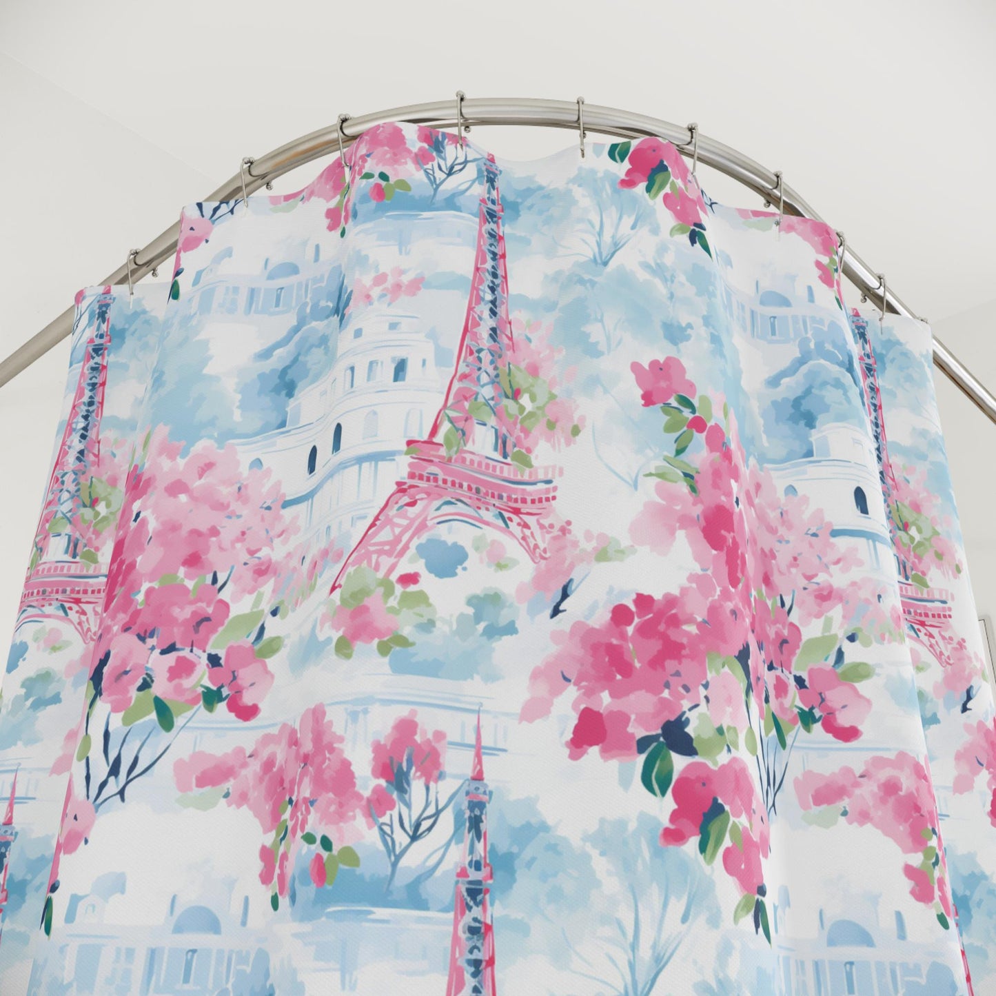 Custom Shower Curtain, Blue and Pink Eiffel Tower