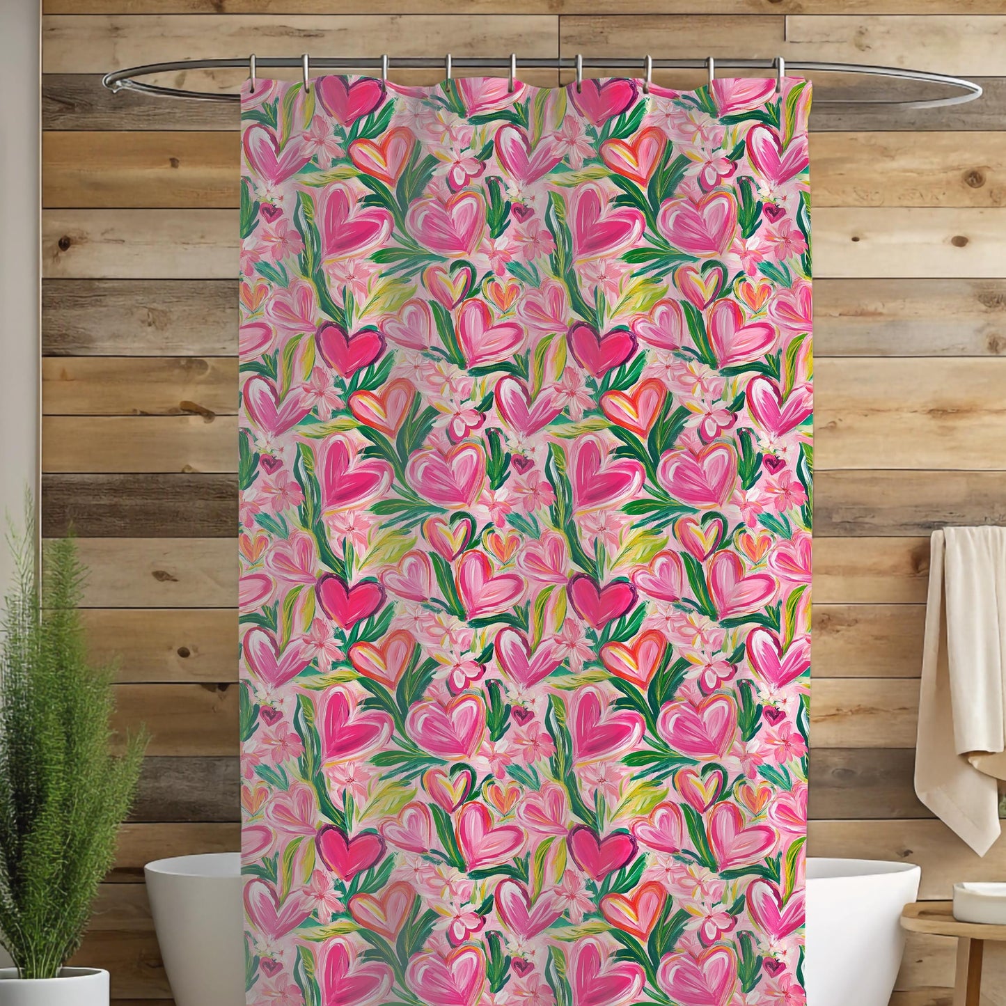 Custom Shower Curtain, Pink Floral and Hearts