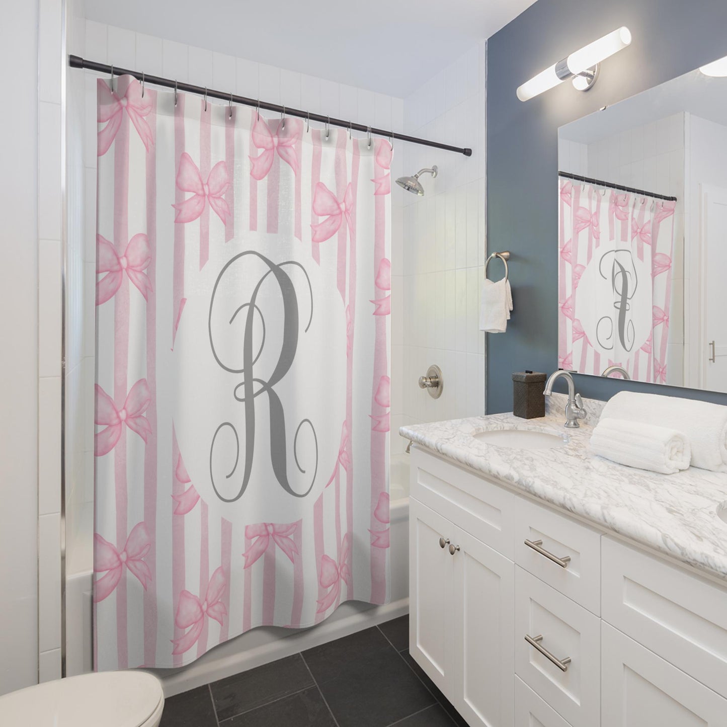 Custom Shower Curtain, Pink Bows Monogram