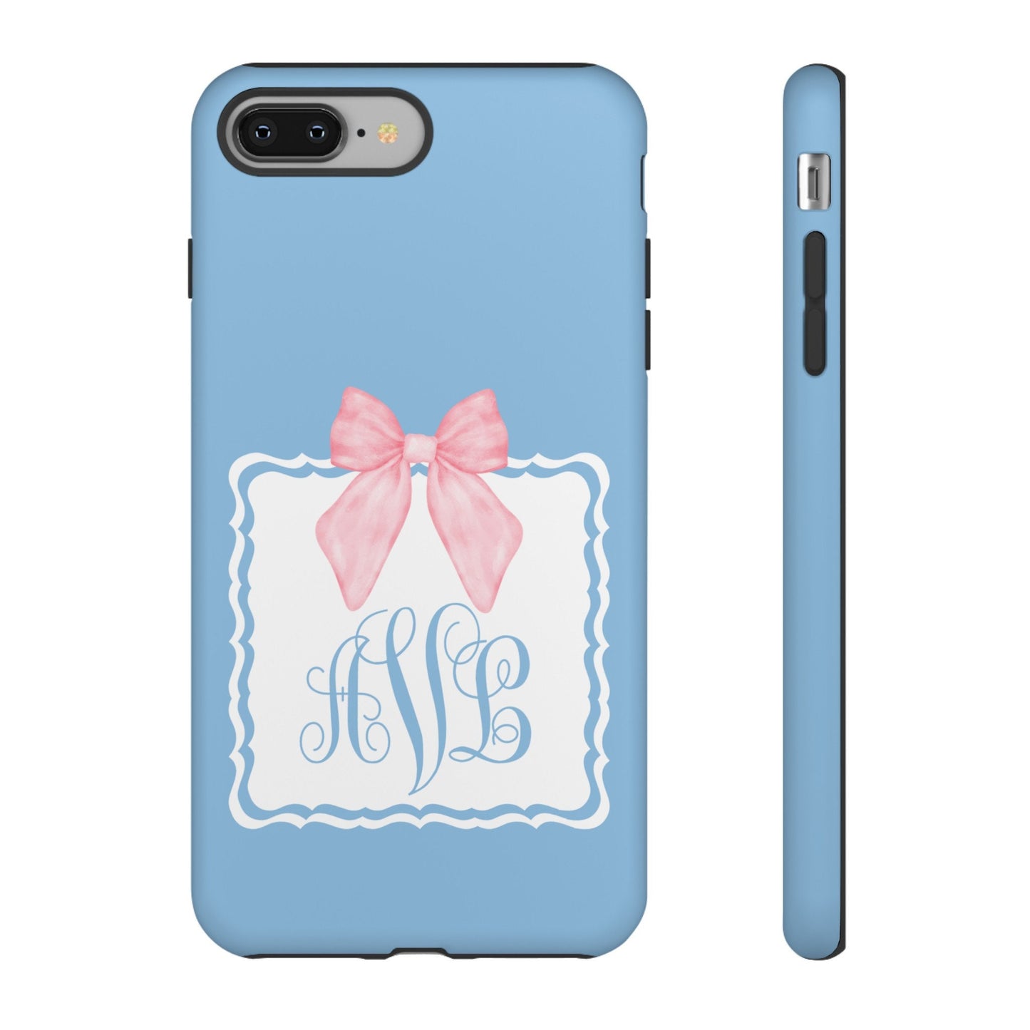 Custom Phone Case, Baby Blue with Pink Bow Monogram