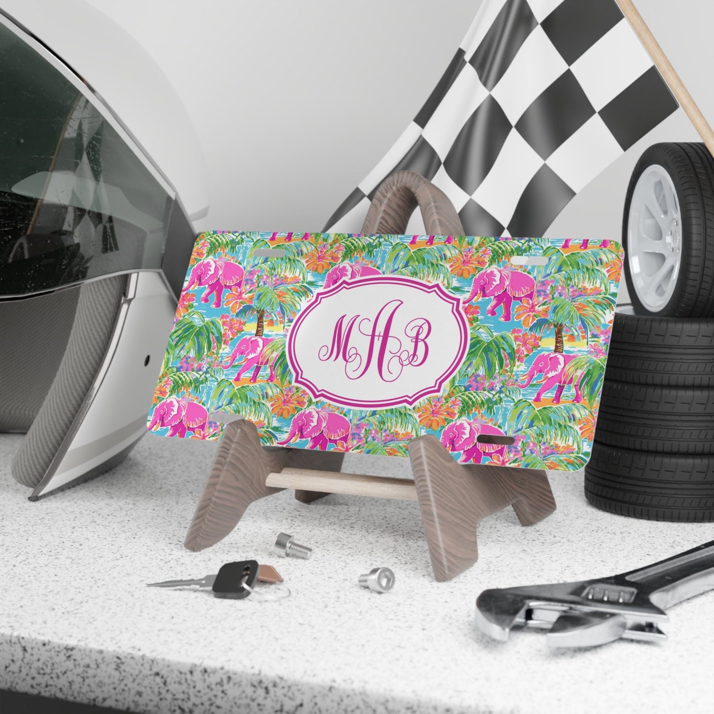 Car Plate - Tropical Pink Elephants