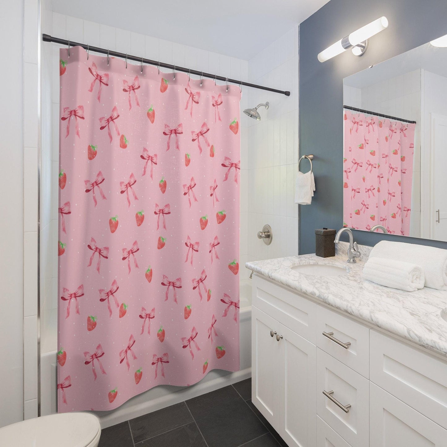 Strawberries and Bows Shower Curtain, Coquette shower curtain, Pink Shower Curtain, Pink Bow Shower Curtain