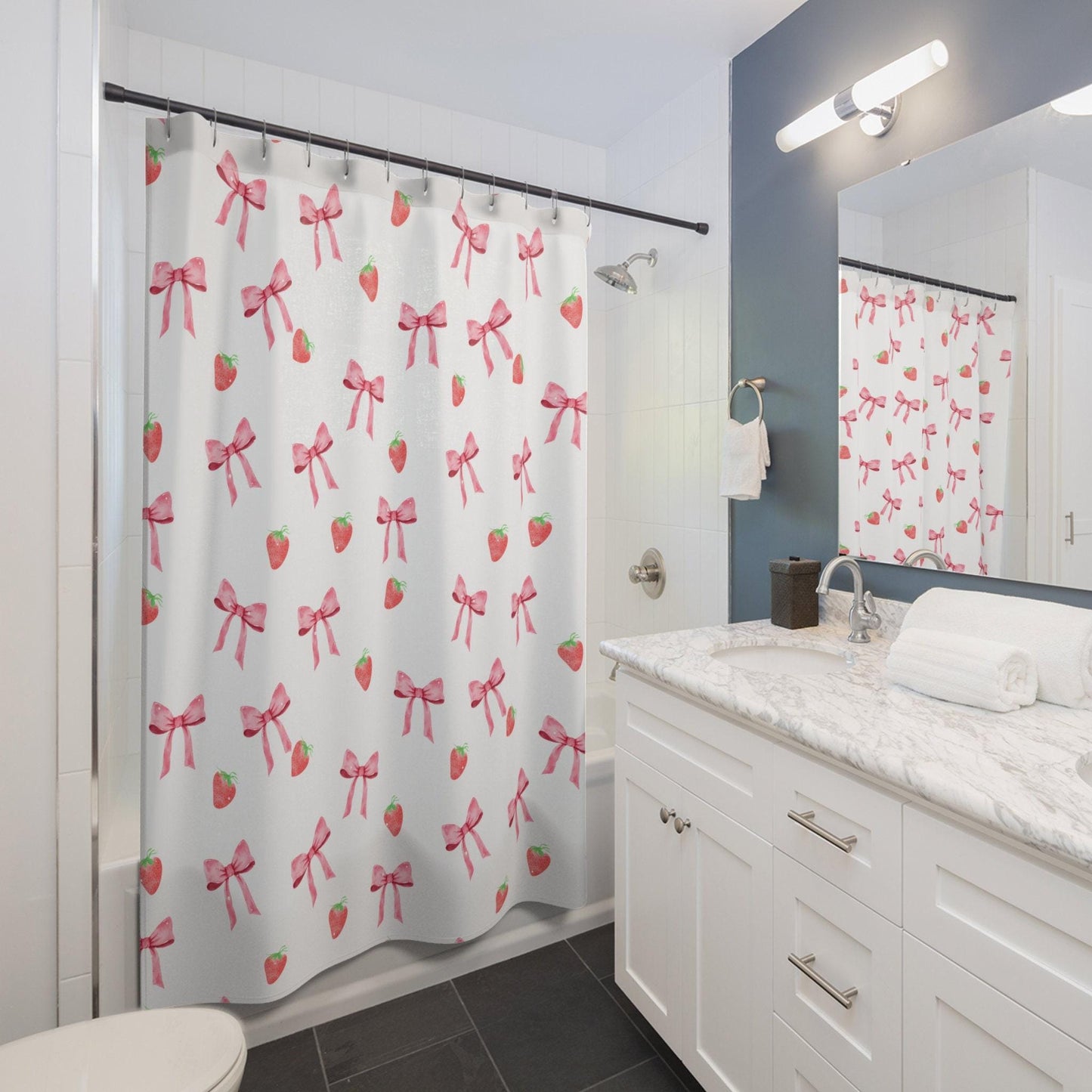 Strawberries and Bows Shower Curtain, Coquette shower curtain, Pink Shower Curtain, Pink Bow Shower Curtain
