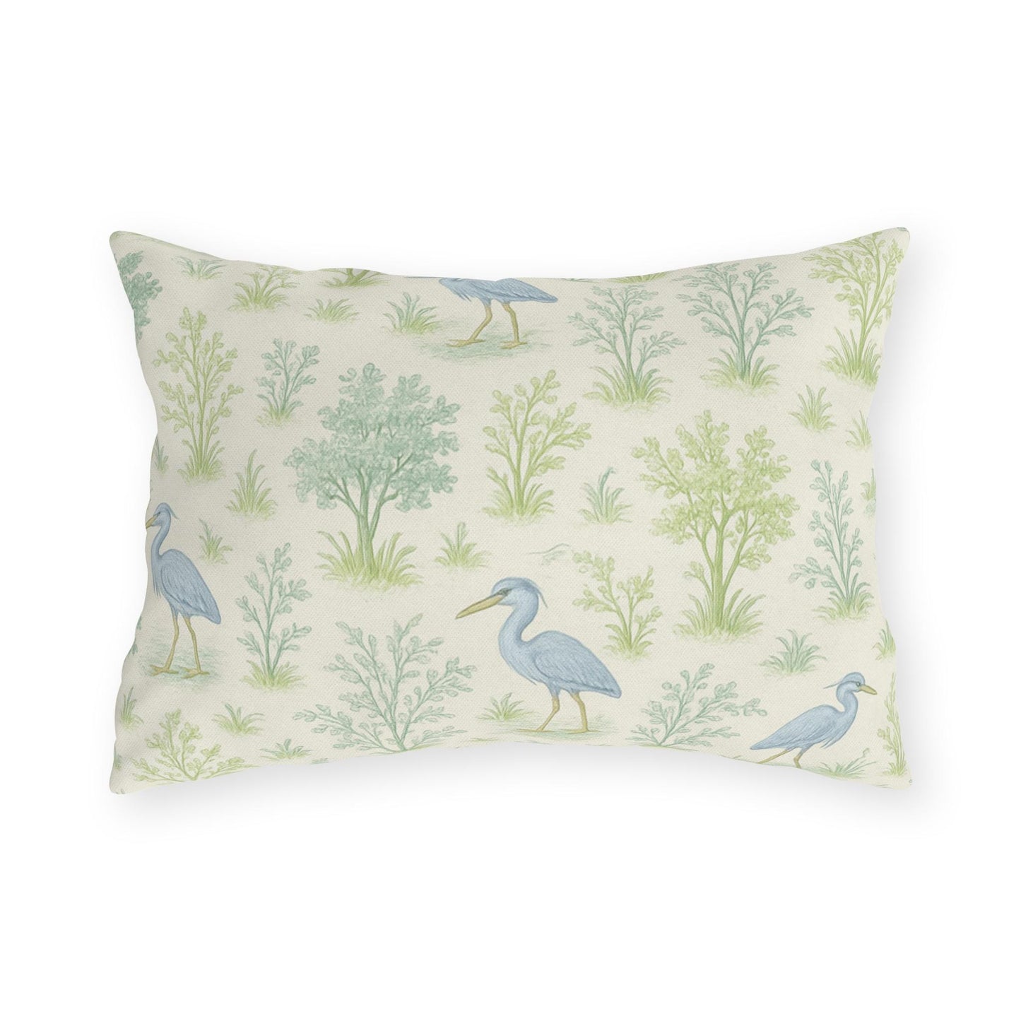 Blue Heron Outdoor Pillow Cover, Teal Green Bird Print Square Lumbar Throw Pillow, Toile Botanical Nature Decor, Birdwatcher Gift, Patio