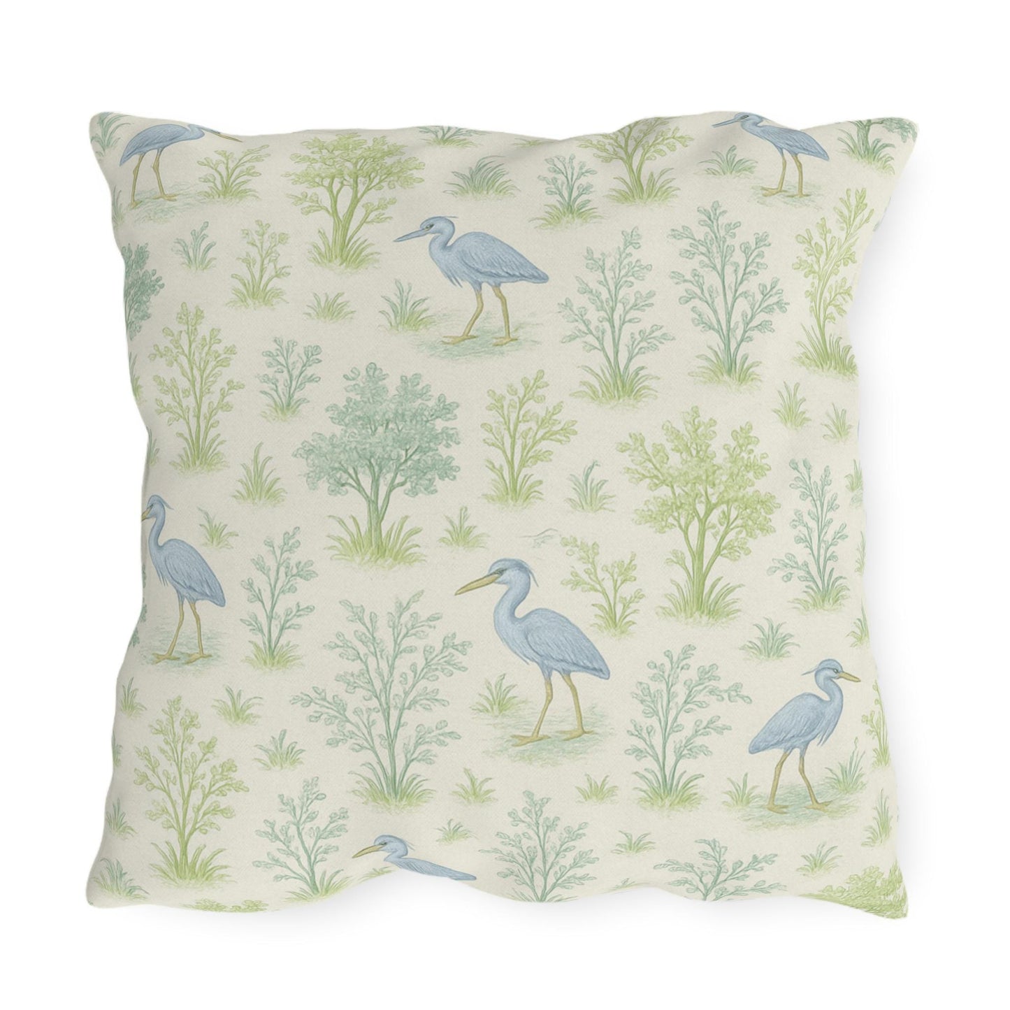 Blue Heron Outdoor Pillow Cover, Teal Green Bird Print Square Lumbar Throw Pillow, Toile Botanical Nature Decor, Birdwatcher Gift, Patio