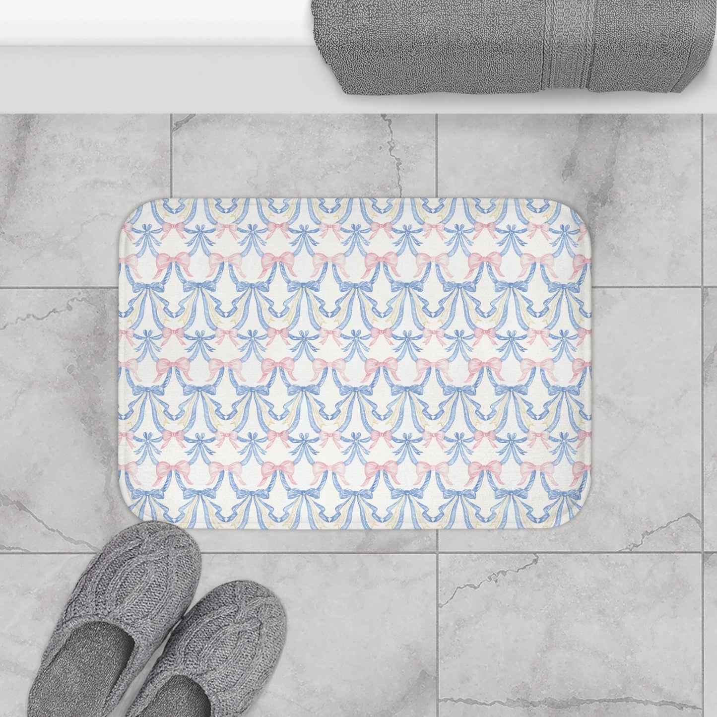Bath Mat, Coquette Pink & Blue Bow Grandmillenial Dorm Decor, Baby Nursery Accent, Bathroom Rug, Shower Mat, Housewarming Gift