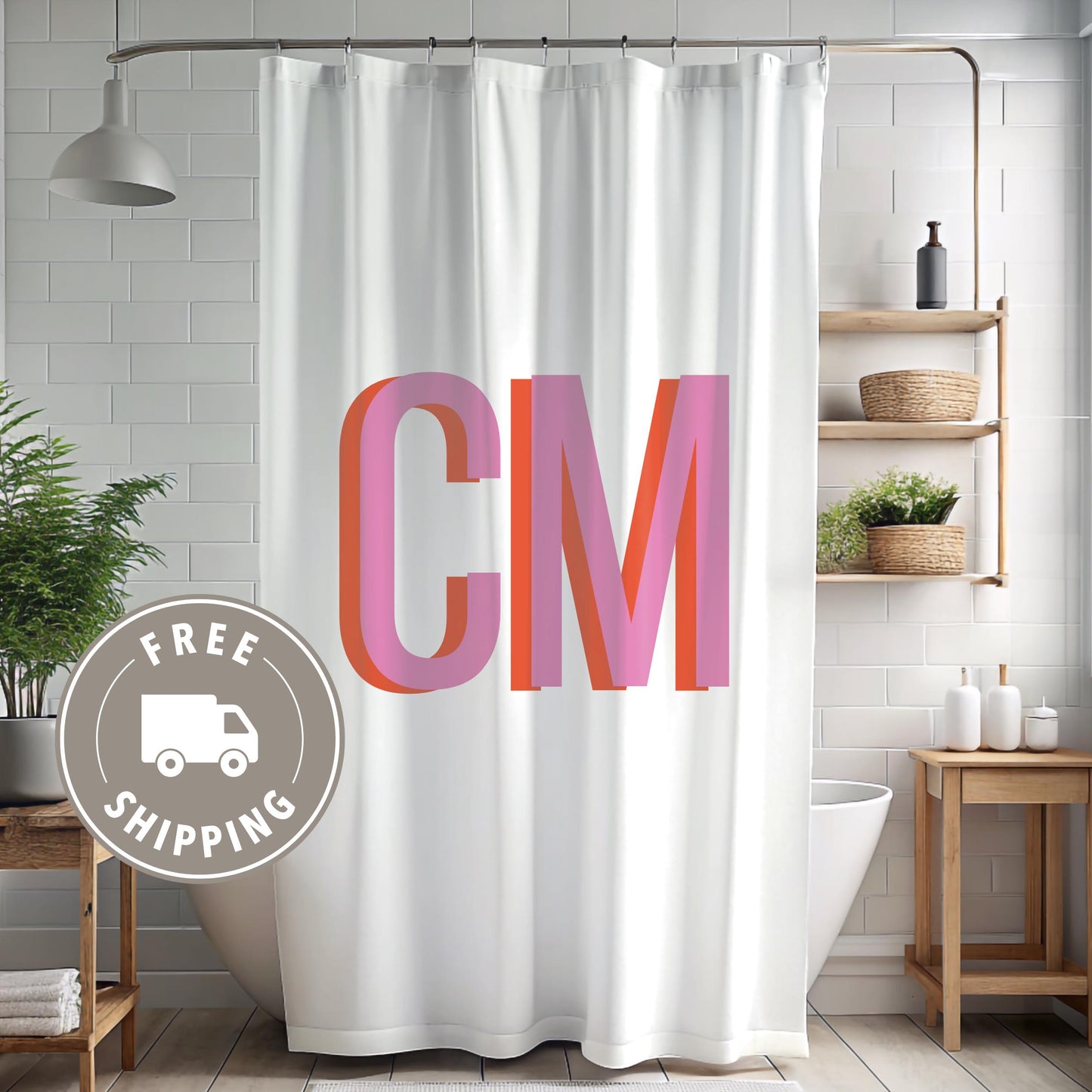 Shadow Monogram Shower Curtain, Preppy Shower Panel, Pink Shower Curtain, Dorm Decor, College Dorm, Apartment Home Decor - Stylish Bathroom