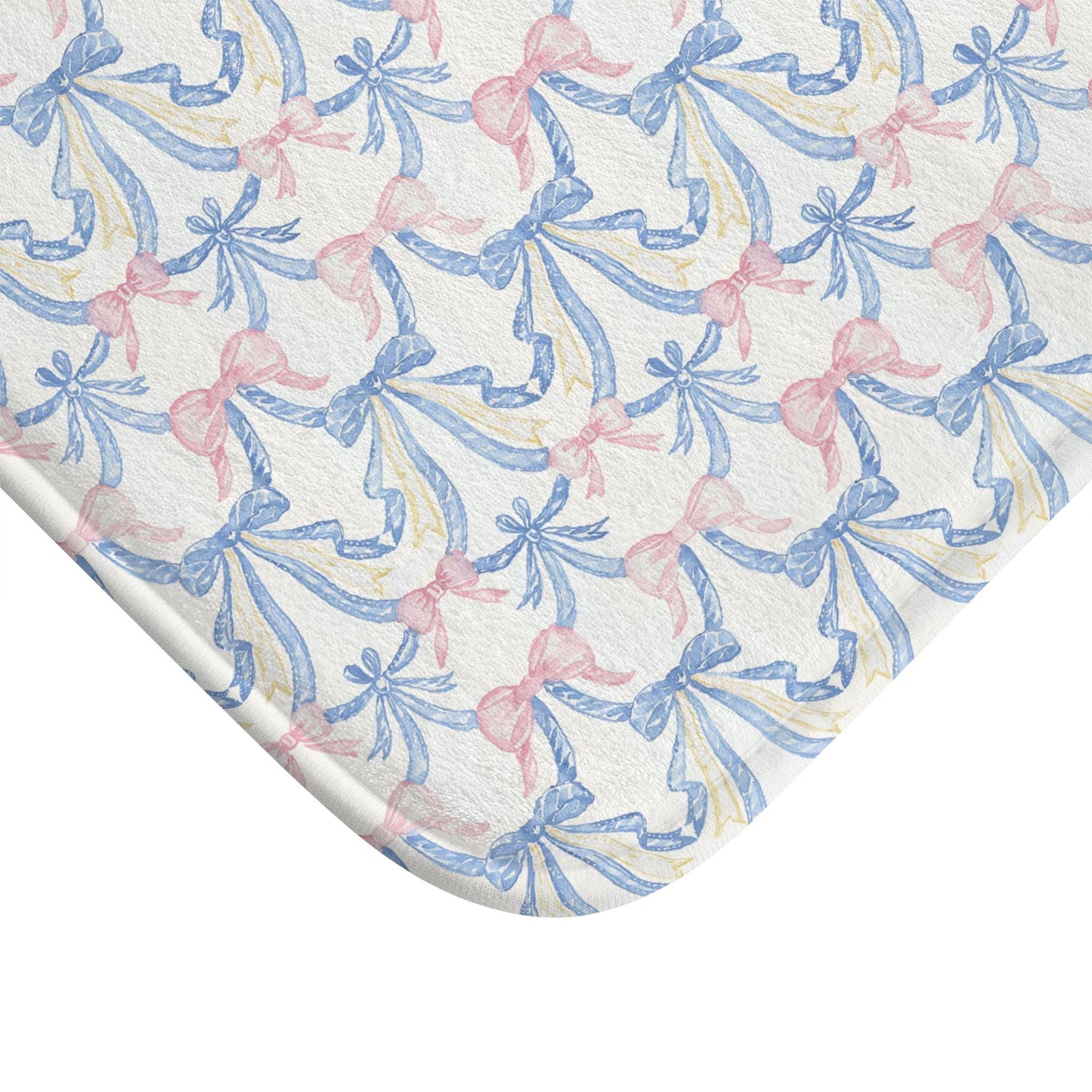 Bath Mat, Coquette Pink & Blue Bow Grandmillenial Dorm Decor, Baby Nursery Accent, Bathroom Rug, Shower Mat, Housewarming Gift