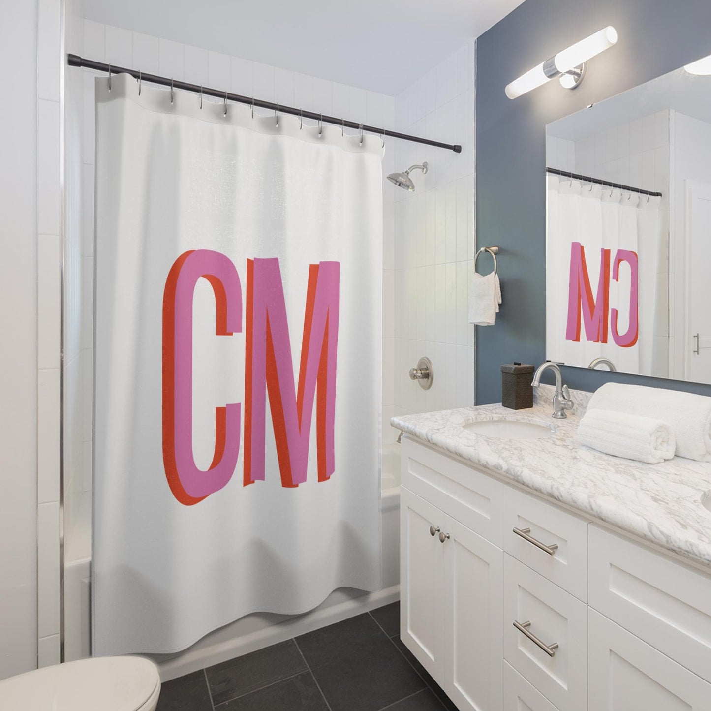 Shadow Monogram Shower Curtain, Preppy Shower Panel, Pink Shower Curtain, Dorm Decor, College Dorm, Apartment Home Decor - Stylish Bathroom