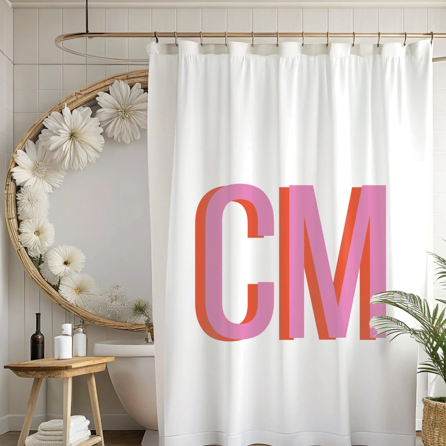 Shadow Monogram Shower Curtain, Preppy Shower Panel, Pink Shower Curtain, Dorm Decor, College Dorm, Apartment Home Decor - Stylish Bathroom