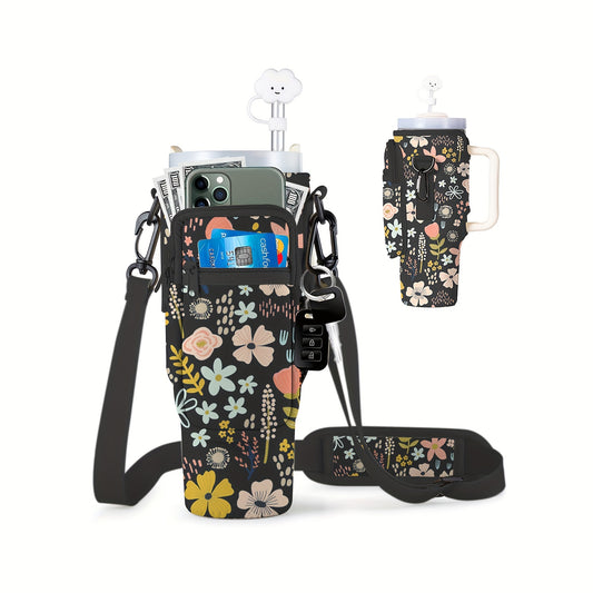 Stylish Floral Tumbler Carrier with Phone Pocket - Secure Shockproof Sleeve for 40oz Stanley, Simple Modern & Hydro Flask - Adjustable Strap & Straw Holder